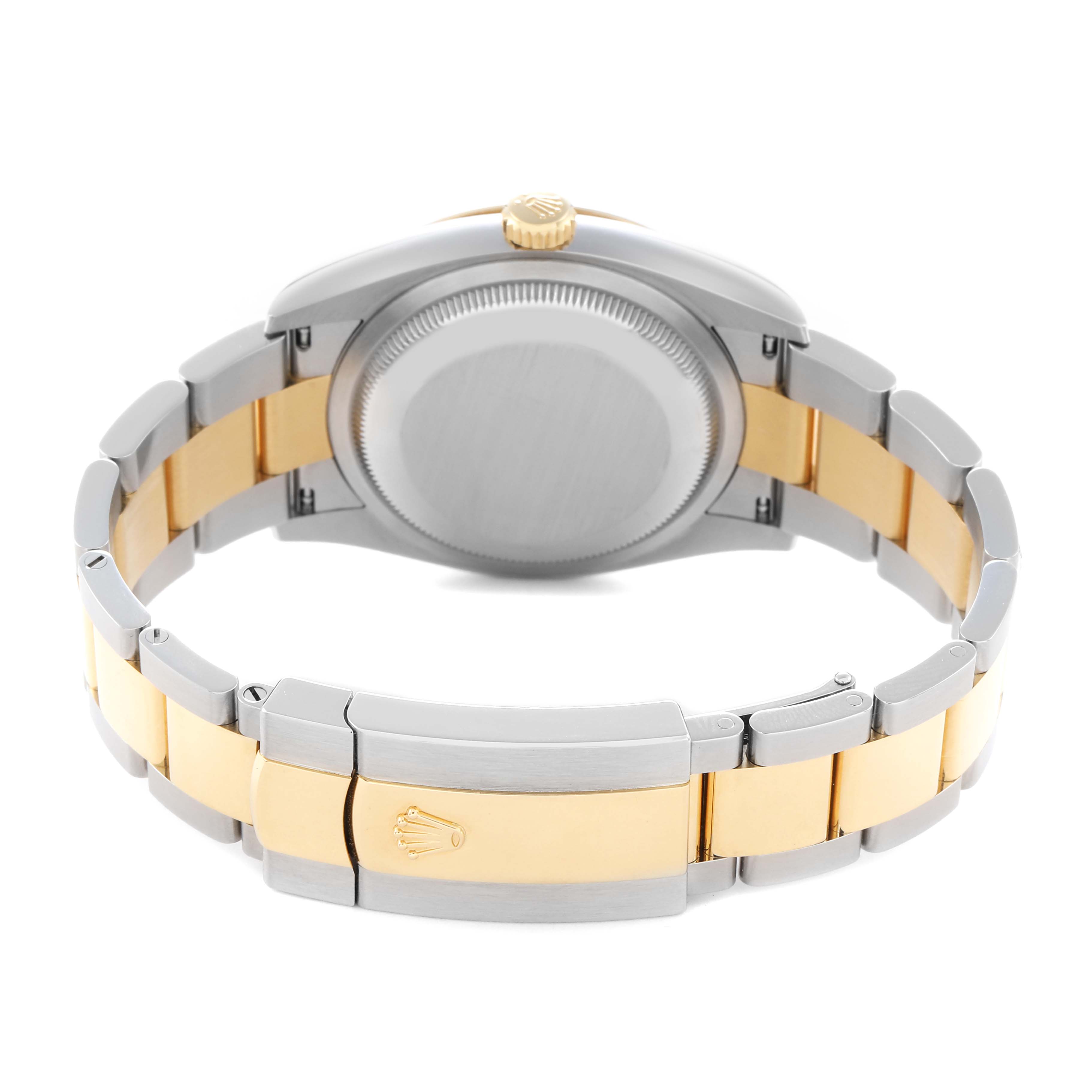 The image shows the back of a Rolex Datejust 126203 Men
s Steel and Gold (two tone) Grey Dial 126203 Men
s Steel and Gold (two tone) Grey Dial, highlighting the case back, bracelet clasp, and two-tone link design.