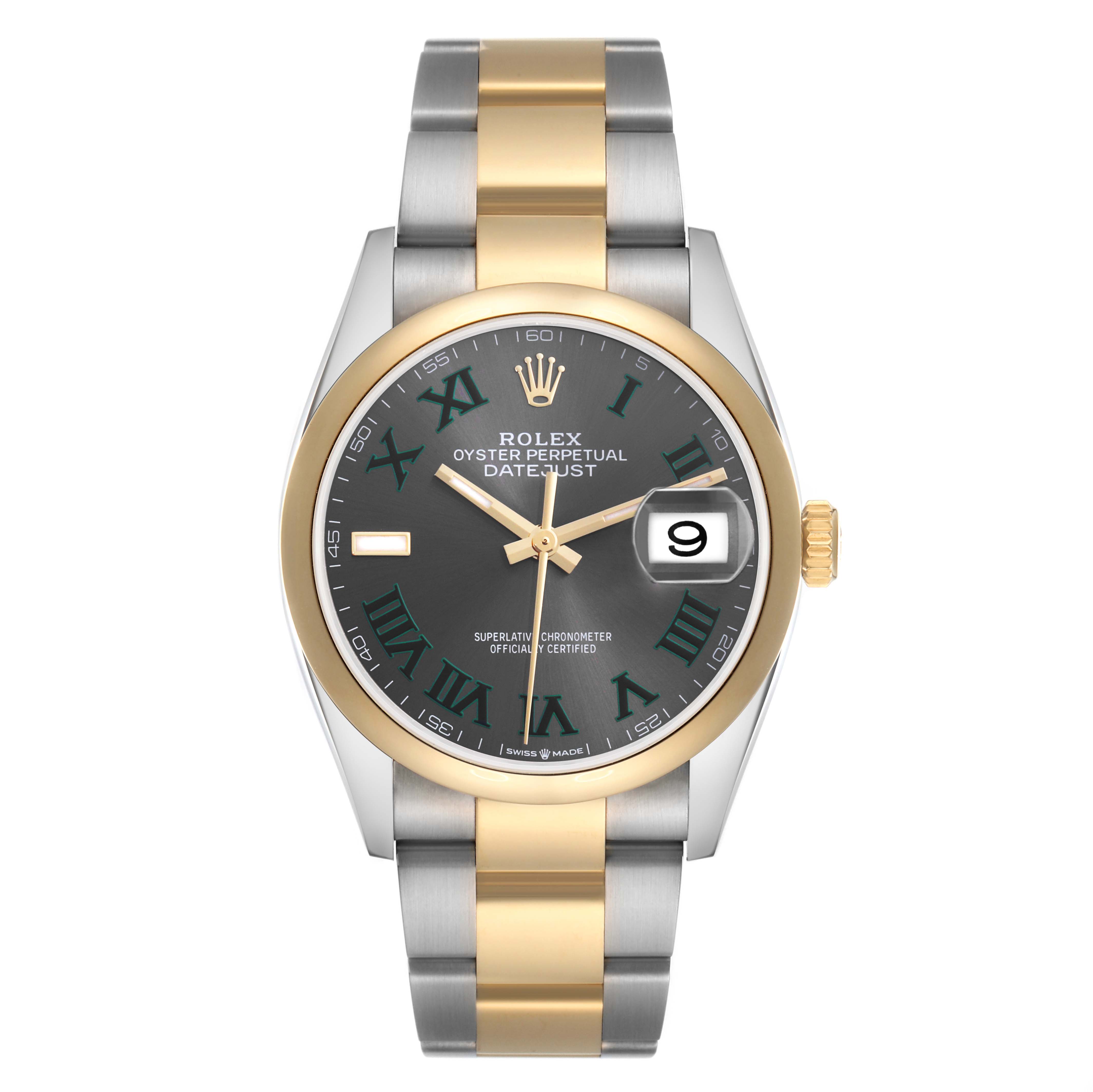 The Rolex Datejust 126203 Men
s Steel and Gold (two tone) Grey Dial 126203 Men
s Steel and Gold (two tone) Grey Dial watch is shown from a front angle, displaying the dial, bezel, crown, and bracelet.