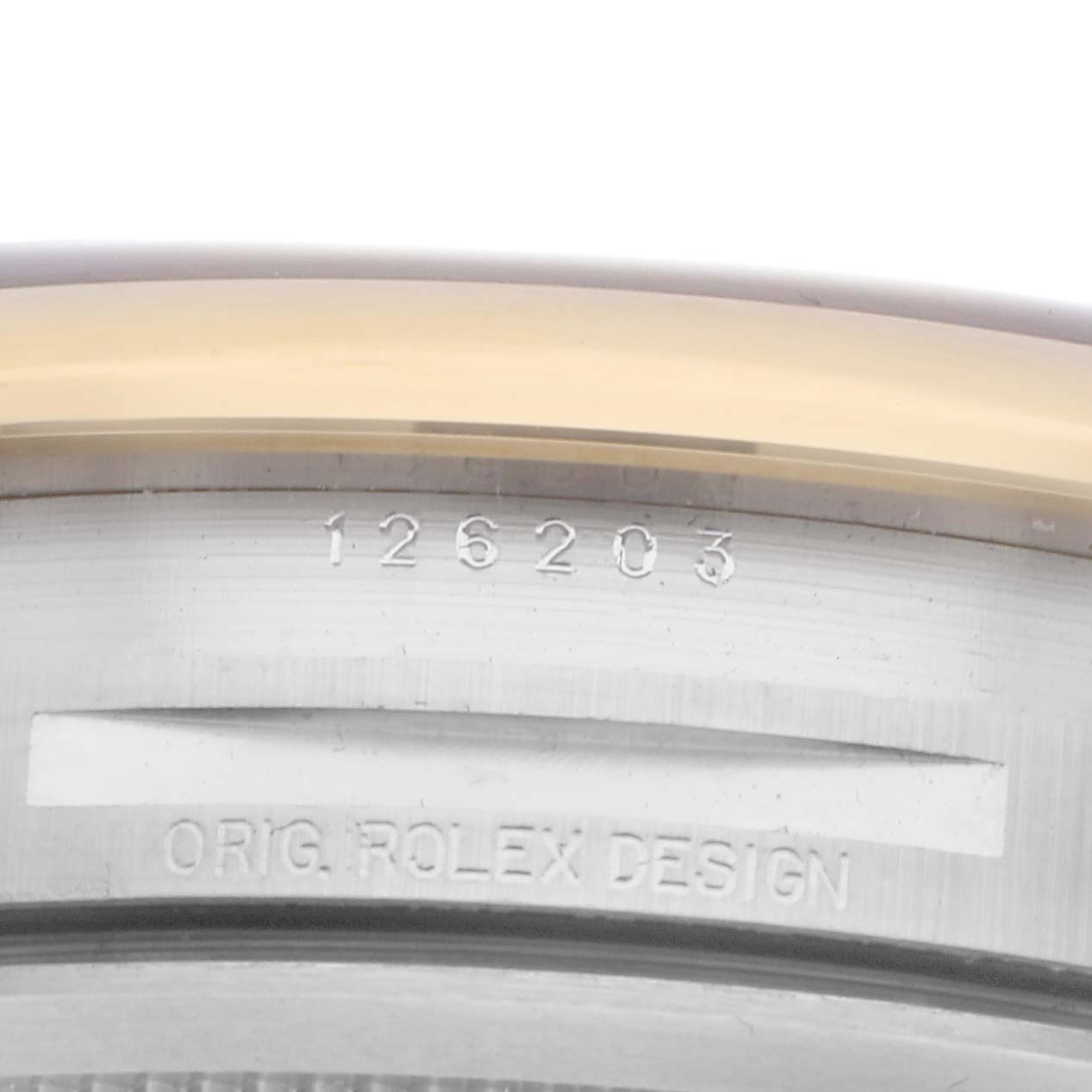 This image shows the side of the case of a Rolex Datejust 126203 Men
s Steel and Gold (two tone) Grey Dial 126203 Men
s Steel and Gold (two tone) Grey Dial, highlighting the reference number and "ORIG. ROLEX DESIGN" engraving.