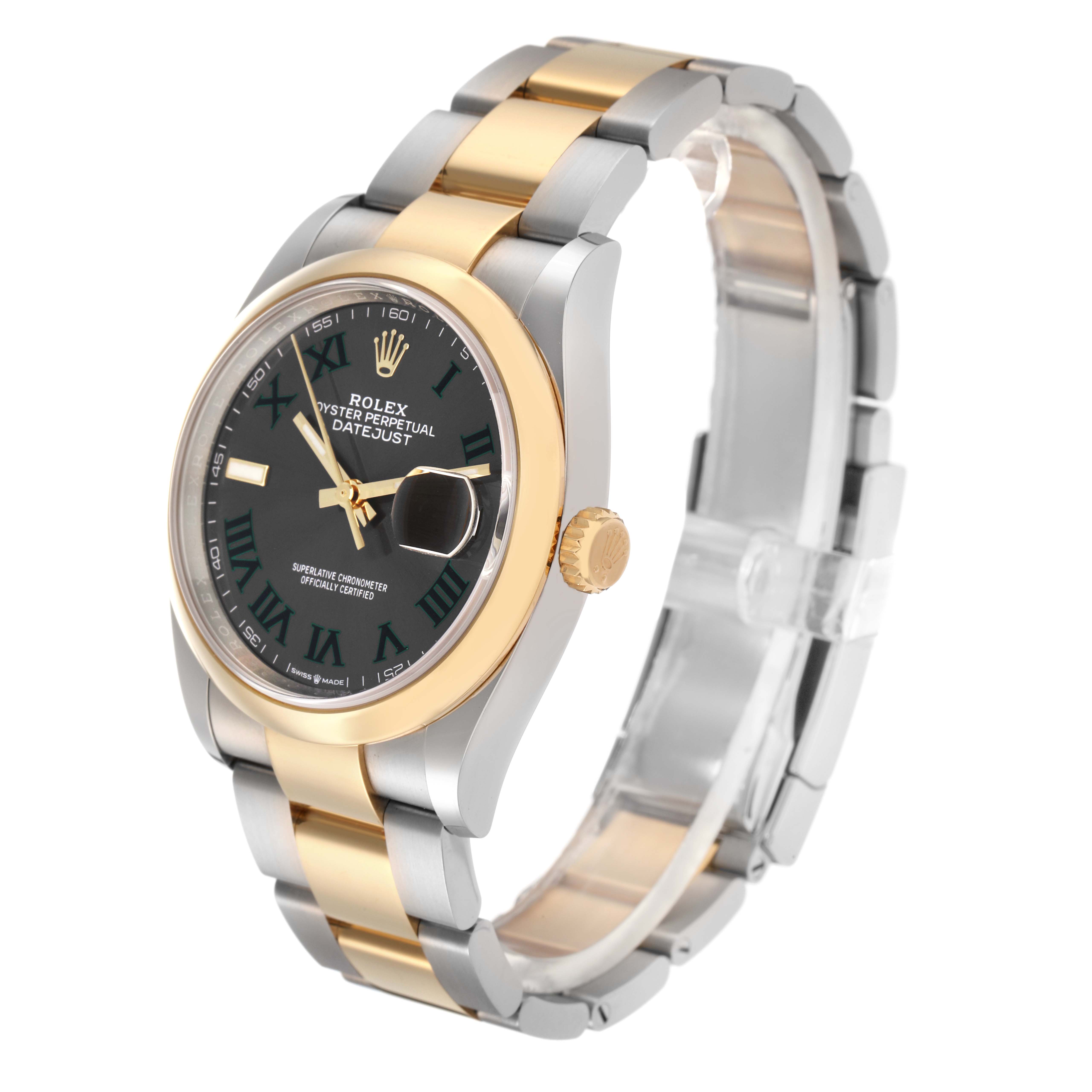 The Rolex Datejust 126203 Men
s Steel and Gold (two tone) Grey Dial 126203 Men
s Steel and Gold (two tone) Grey Dial watch is shown at a three-quarter angle, highlighting the dial, bezel, crown, and part of the bracelet.