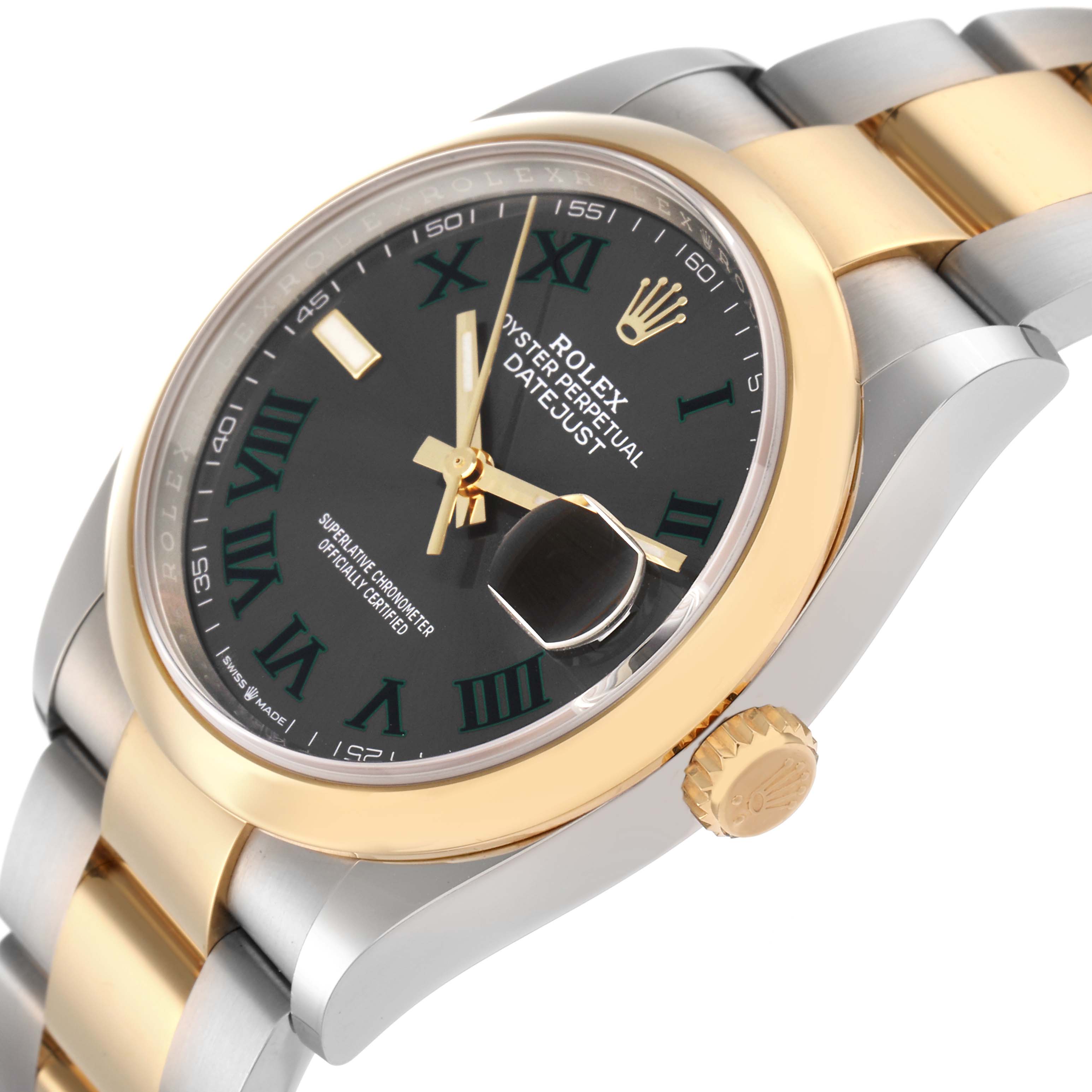 The Rolex Datejust 126203 Men
s Steel and Gold (two tone) Grey Dial 126203 Men
s Steel and Gold (two tone) Grey Dial watch is shown at an angle highlighting the face, crown, and part of the bracelet.