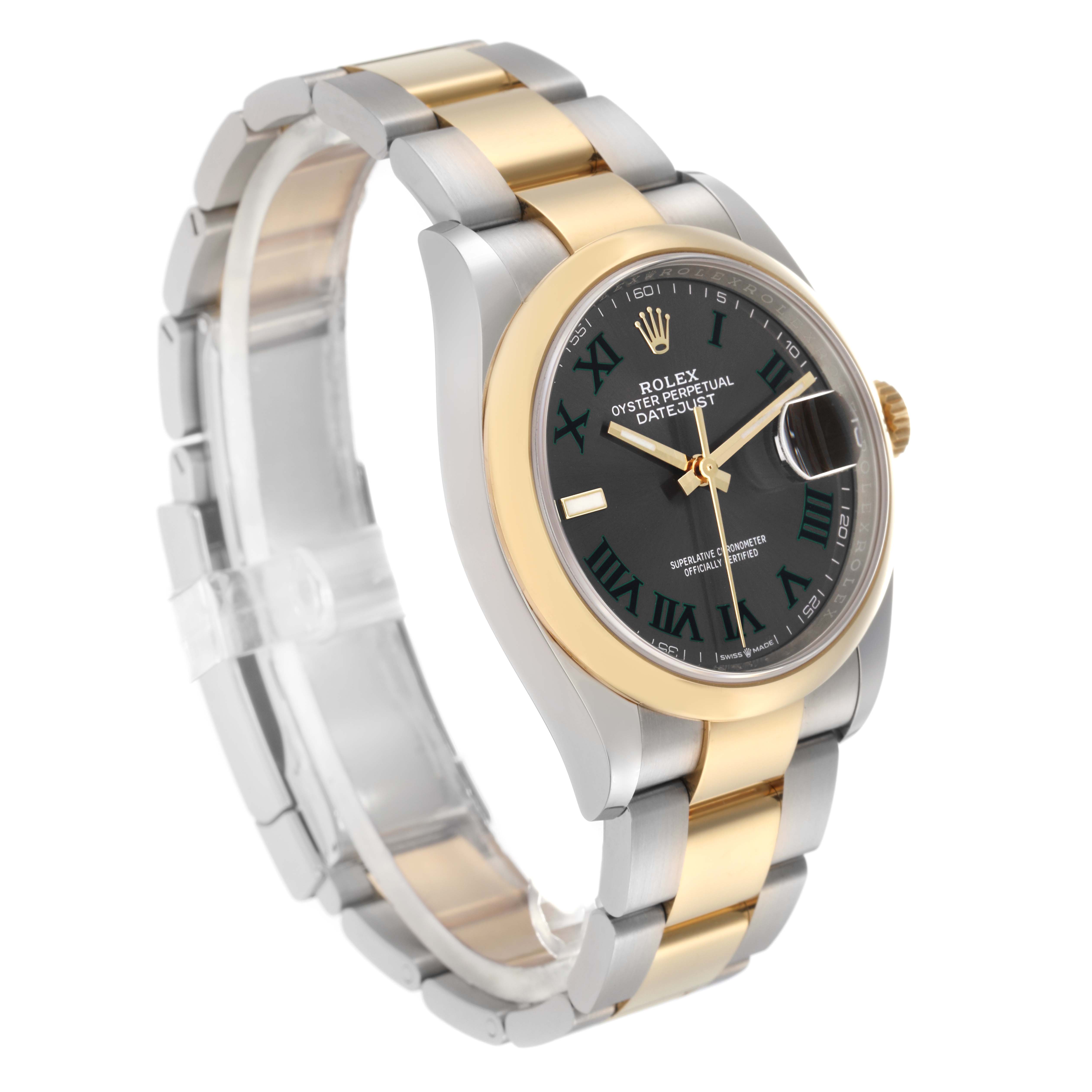 The Rolex Datejust 126203 Men
s Steel and Gold (two tone) Grey Dial 126203 Men
s Steel and Gold (two tone) Grey Dial watch is shown at a three-quarter angle, displaying the dial, bezel, and part of the bracelet.