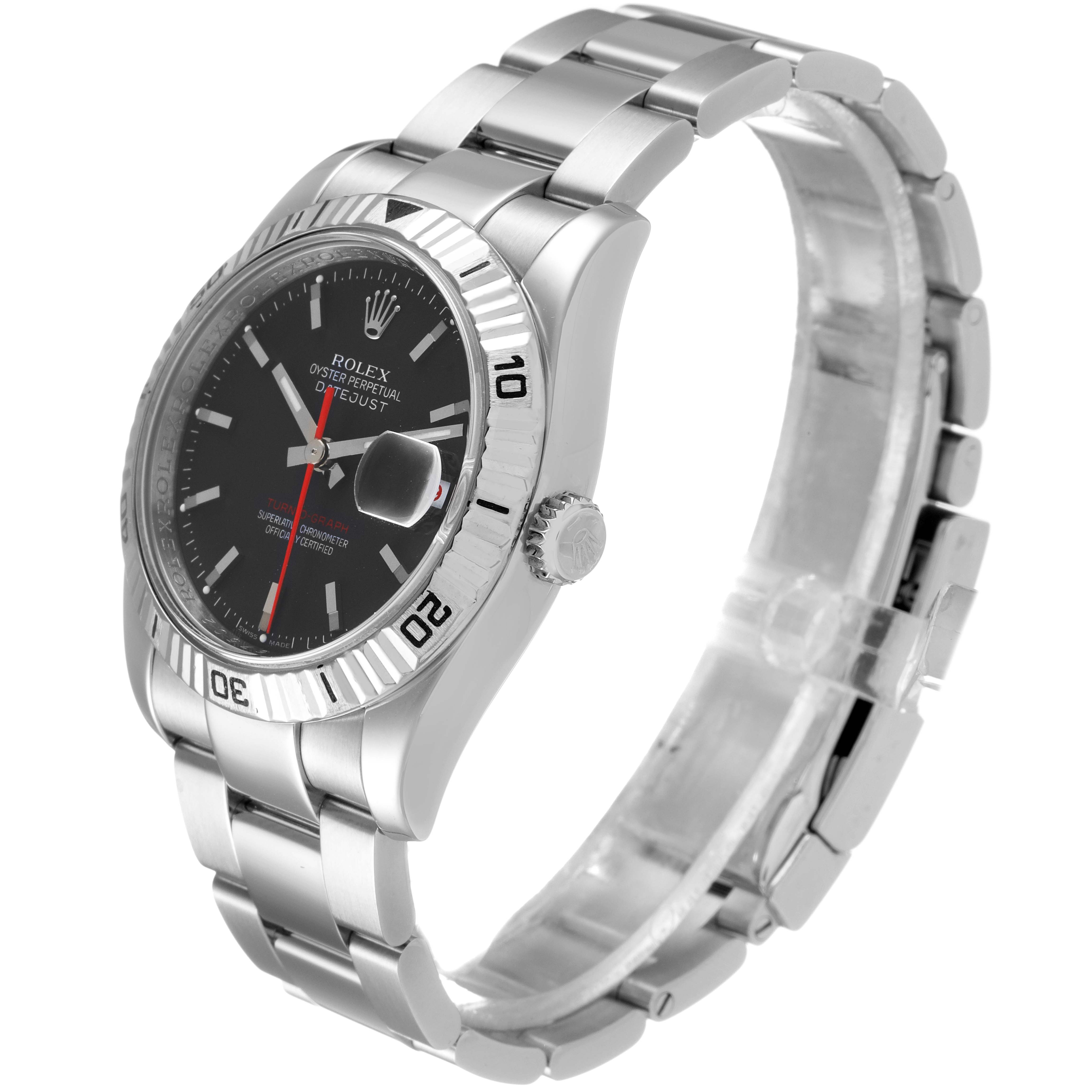 This image shows a Rolex Turn-o-Graph 116264 Men
s Stainless Steel Black Dial 116264 Men
s Stainless Steel Black Dial watch at a three-quarter angle, highlighting its face, bezel, crown, and bracelet.