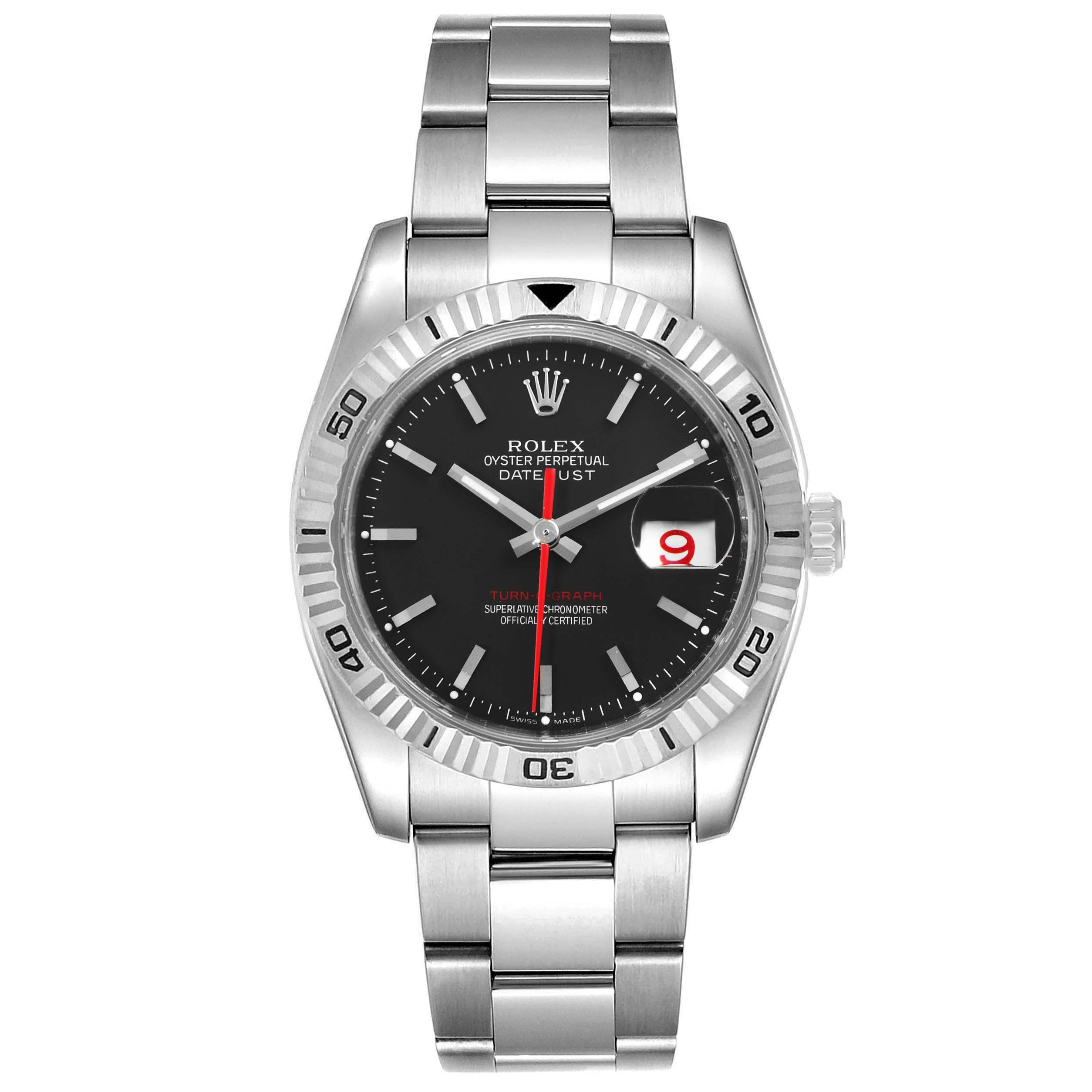 This image shows a full front view of the Rolex Turn-o-Graph 116264 Men
s Stainless Steel Black Dial 116264 Men
s Stainless Steel Black Dial watch, displaying the face, bezel, case, and bracelet.