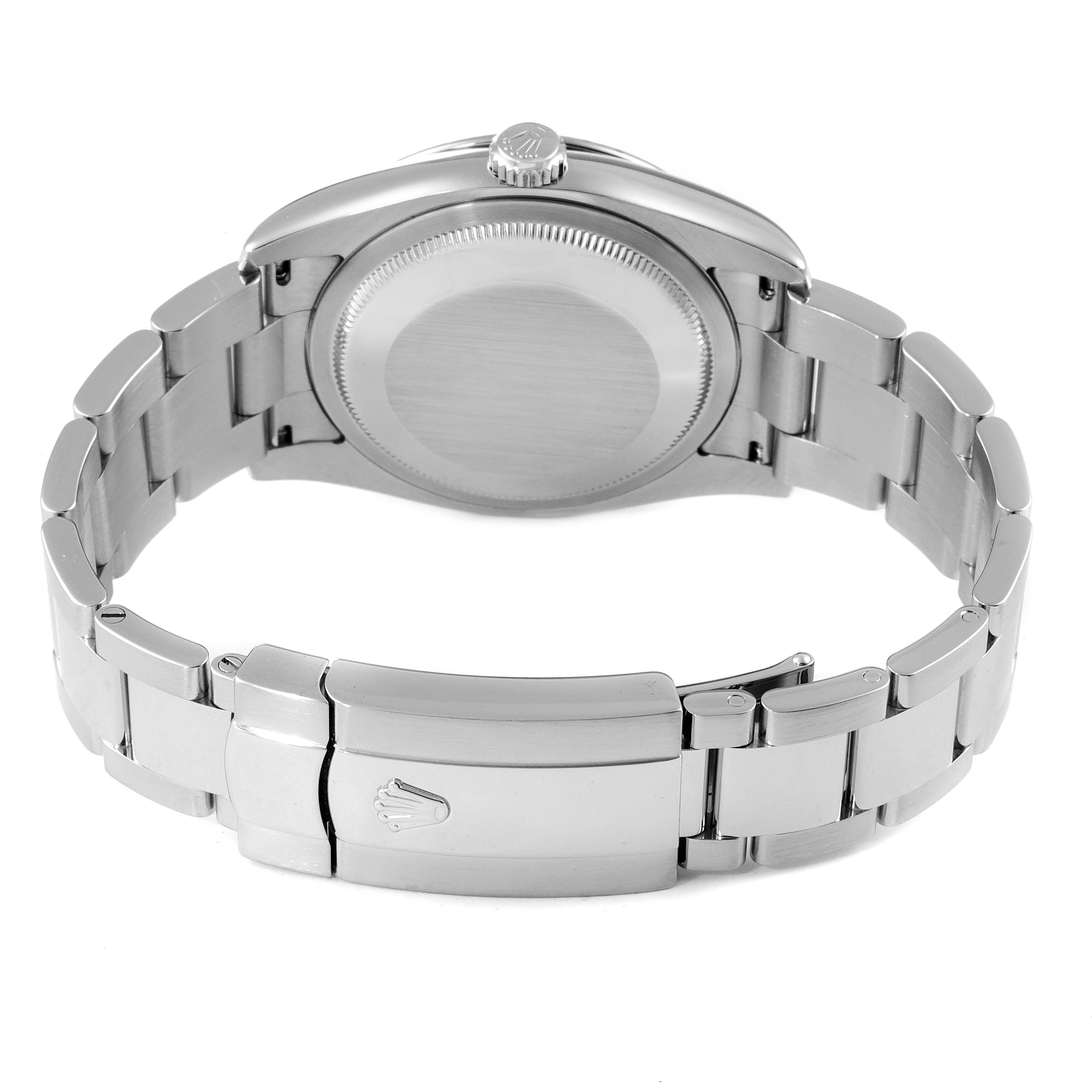 The image shows the back view of a Rolex Turn-o-Graph 116264 Men
s Stainless Steel Black Dial 116264 Men
s Stainless Steel Black Dial watch, highlighting the case back and bracelet clasp.