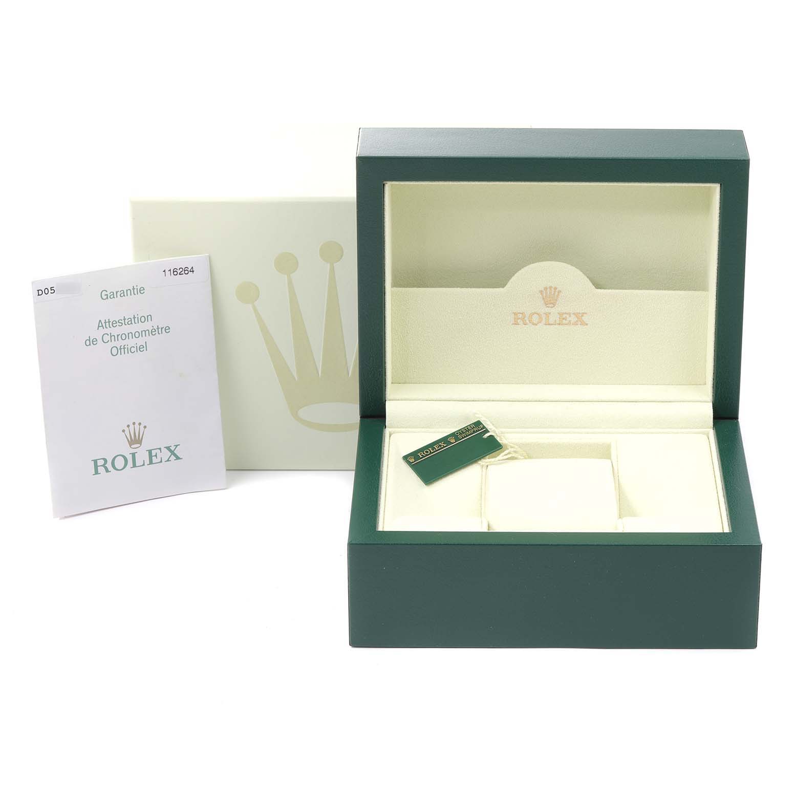 This image shows the open box, warranty card, and hang tag for a Rolex Turn-o-Graph 116264 Men
s Stainless Steel Black Dial 116264 Men
s Stainless Steel Black Dial watch.