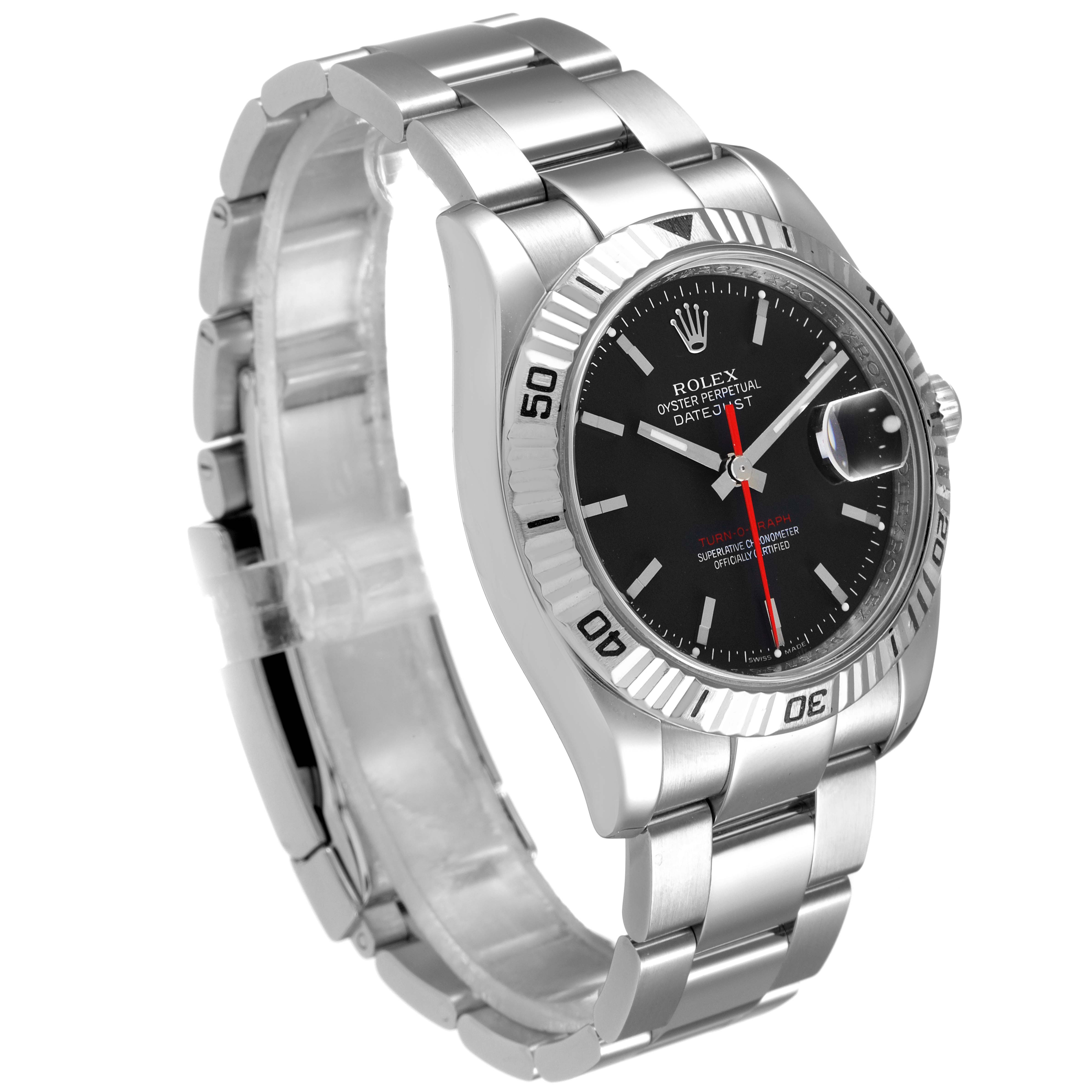 The image shows a side angle of the Rolex Turn-o-Graph 116264 Men
s Stainless Steel Black Dial 116264 Men
s Stainless Steel Black Dial watch, highlighting its dial, bezel, and bracelet.