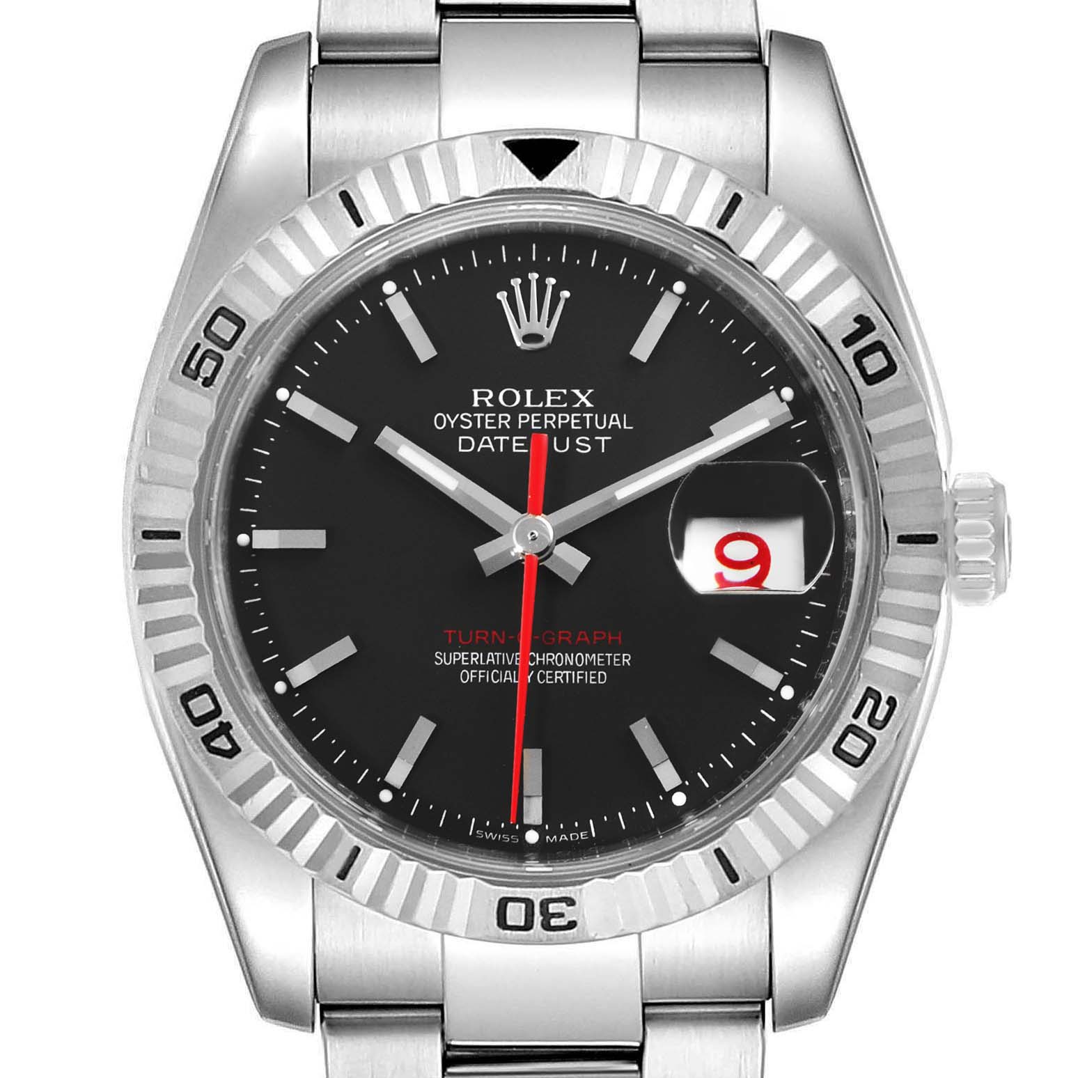 The image shows a front view of the Rolex Turn-o-Graph 116264 Men
s Stainless Steel Black Dial 116264 Men
s Stainless Steel Black Dial watch, highlighting its bezel, dial, hands, and bracelet.
