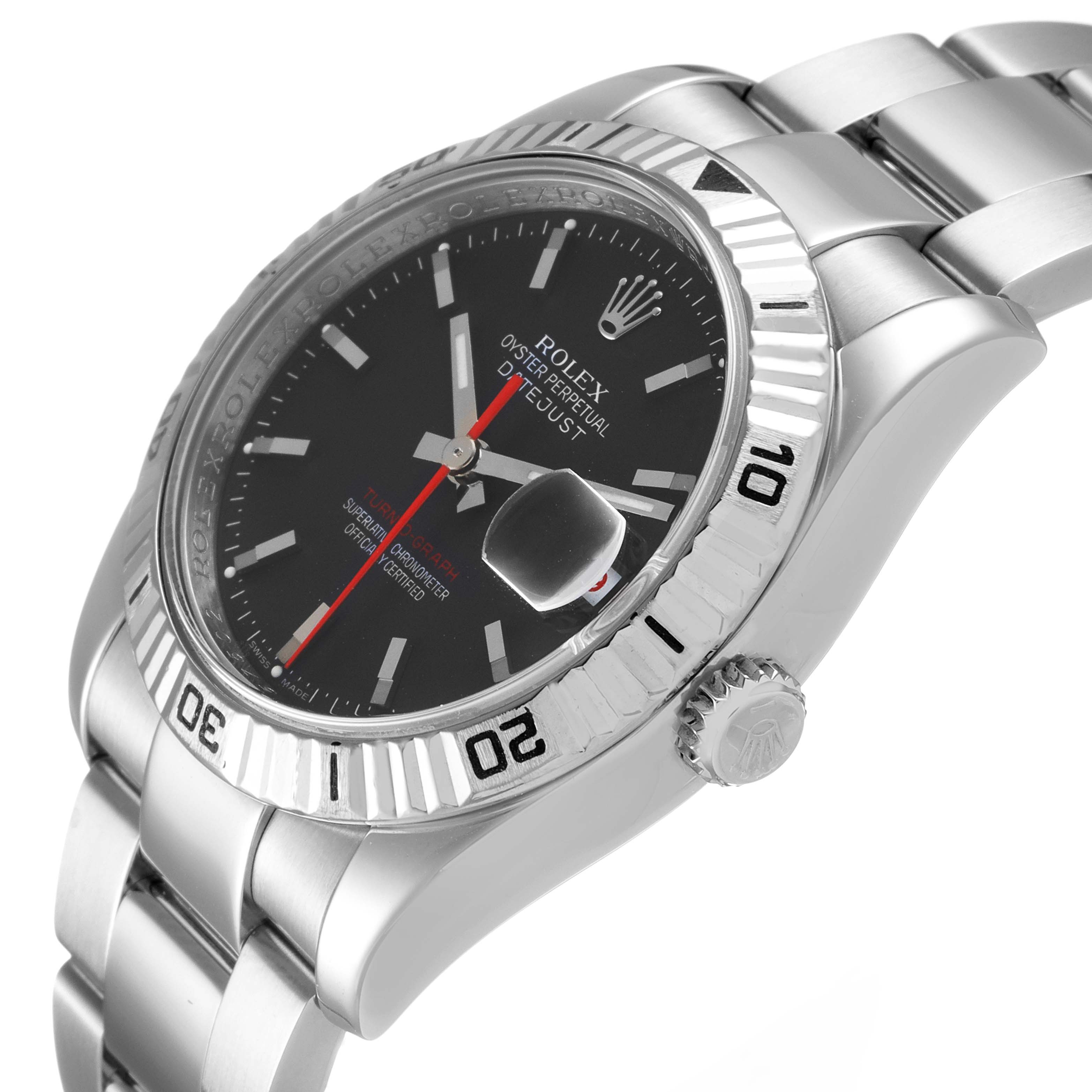 This image shows a Rolex Turn-o-Graph 116264 Men
s Stainless Steel Black Dial 116264 Men
s Stainless Steel Black Dial watch at a slight side angle, highlighting its dial, bezel, and bracelet.
