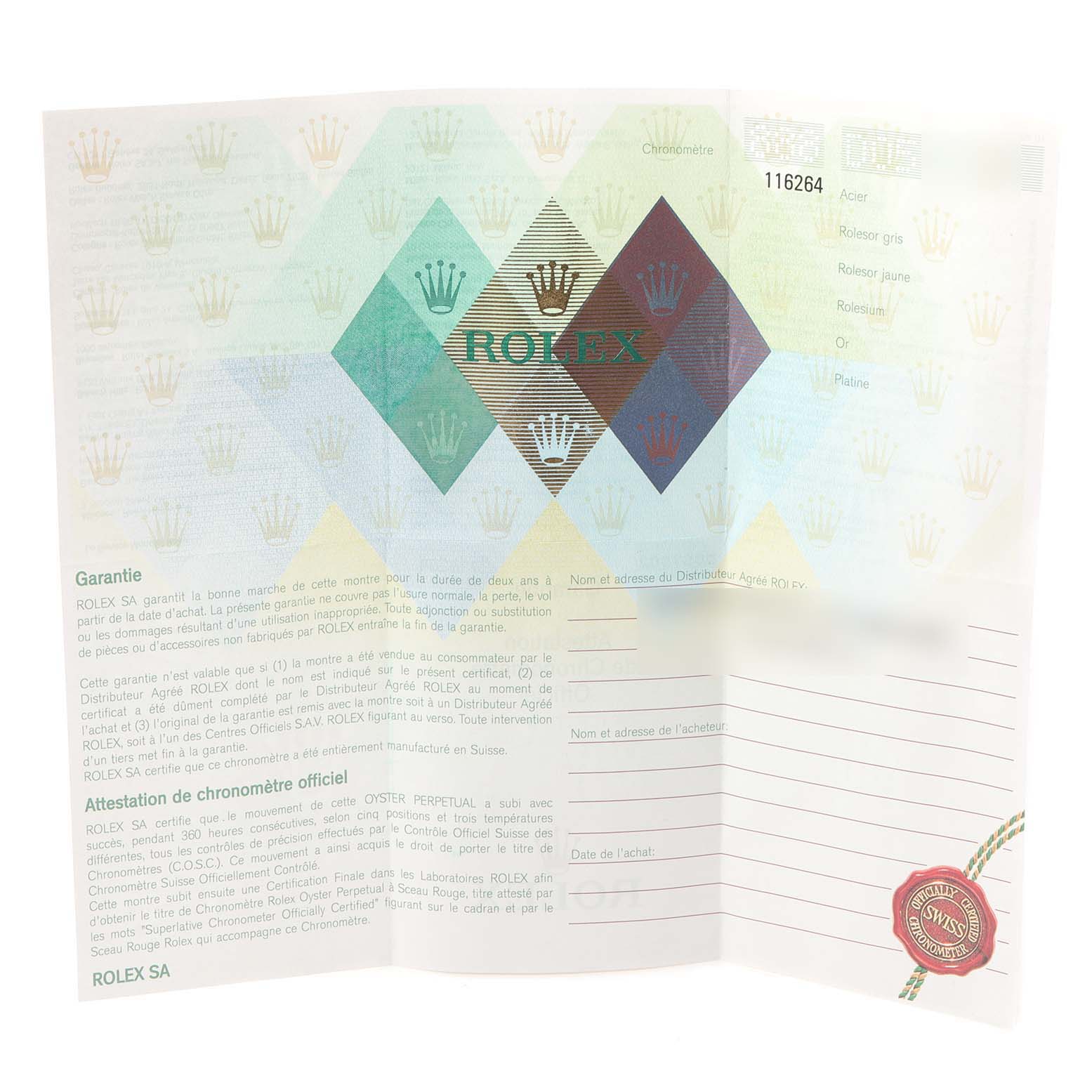 The image shows a warranty and certification paperwork for a Rolex Turn-o-Graph 116264 Men
s Stainless Steel Black Dial 116264 Men
s Stainless Steel Black Dial watch, including details like the guarantee and purchase date section.