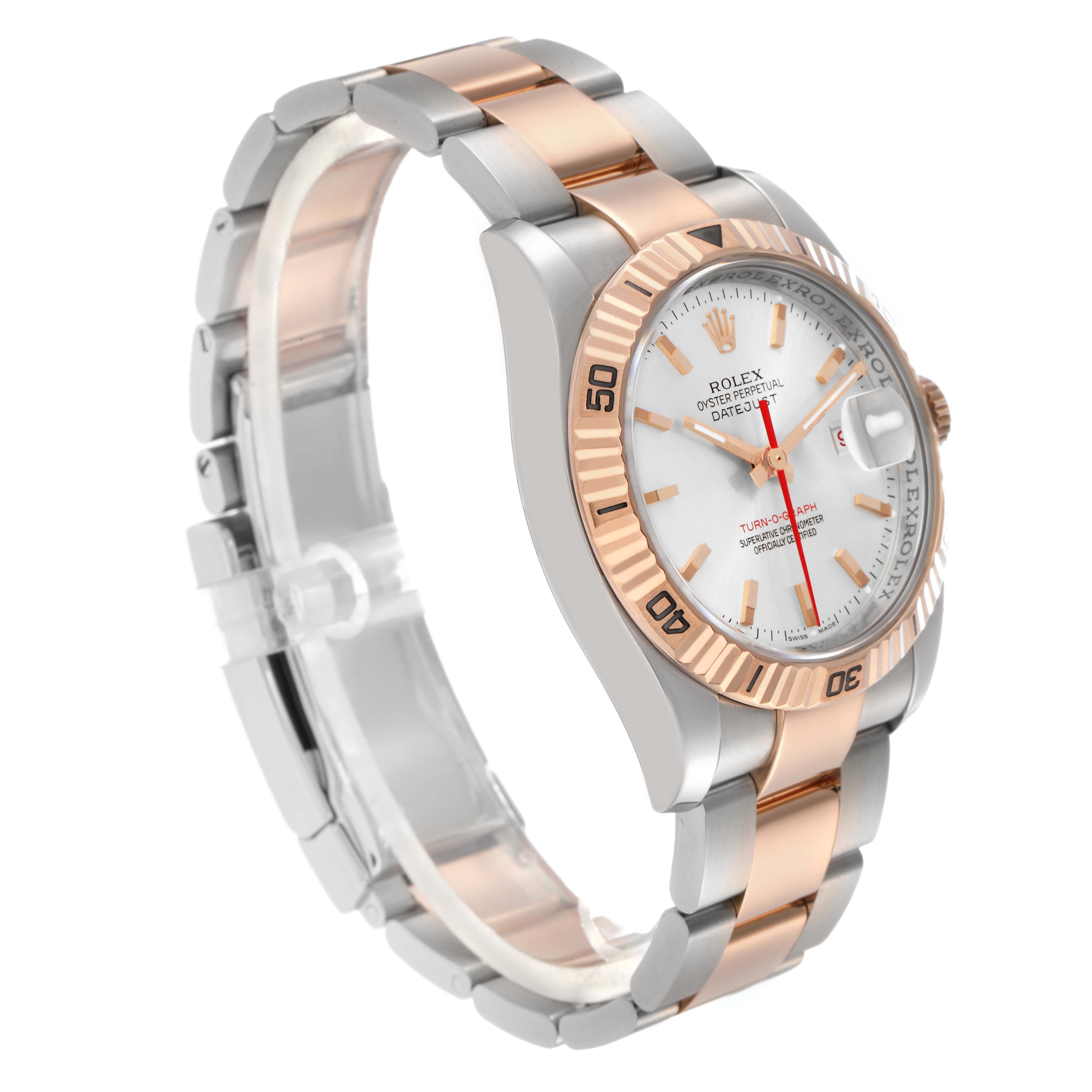 The Rolex Turn-o-Graph 116261 Men's Steel and Gold (two tone) Silver Dial watch is shown at a 3/4 angle, displaying the face, bezel, crown, and metal bracelet.
