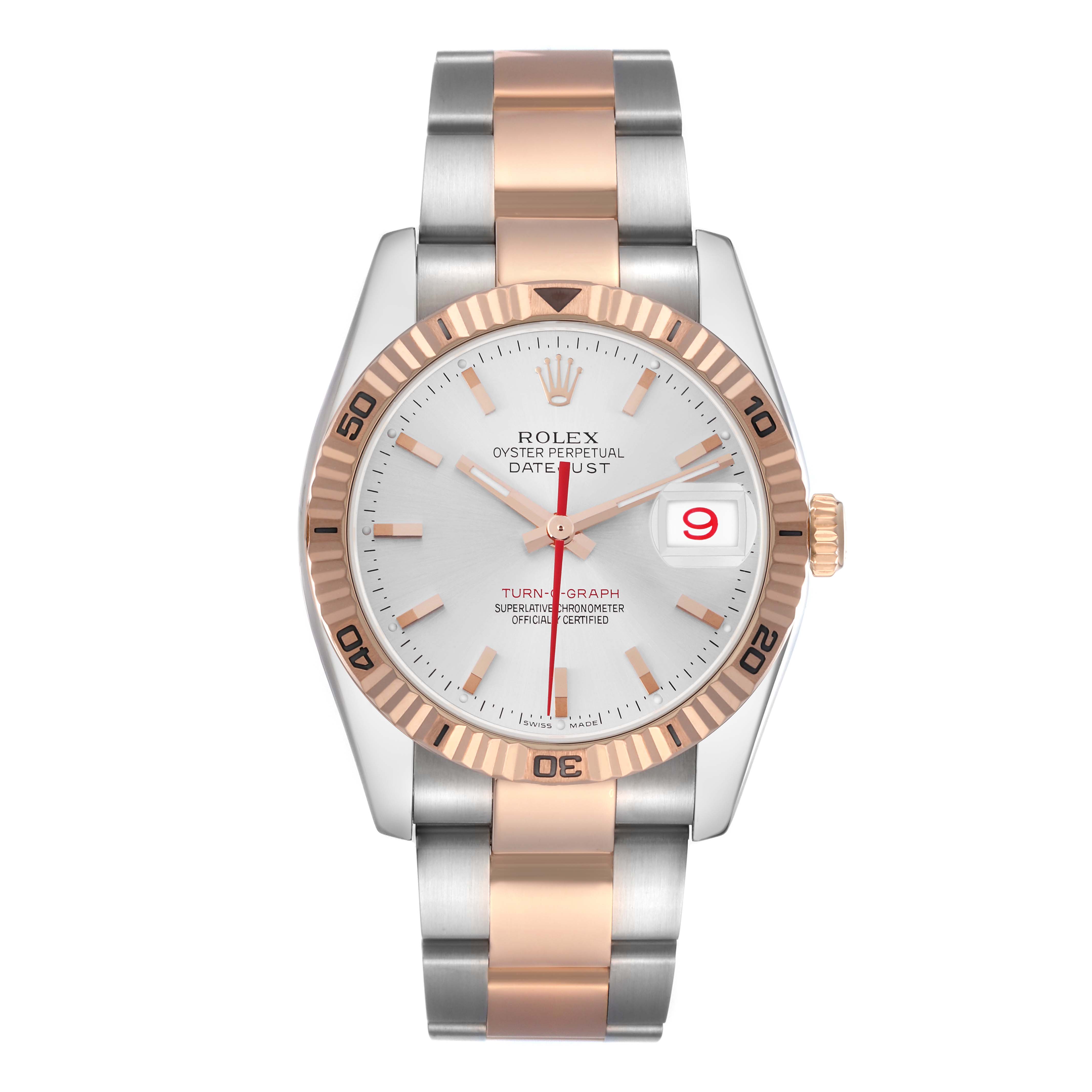 The Rolex Turn-o-Graph 116261 Men
s Steel and Gold (two tone) Silver Dial 116261 Men
s Steel and Gold (two tone) Silver Dial is shown from a top-down angle, highlighting its face, bezel, and two-tone bracelet.