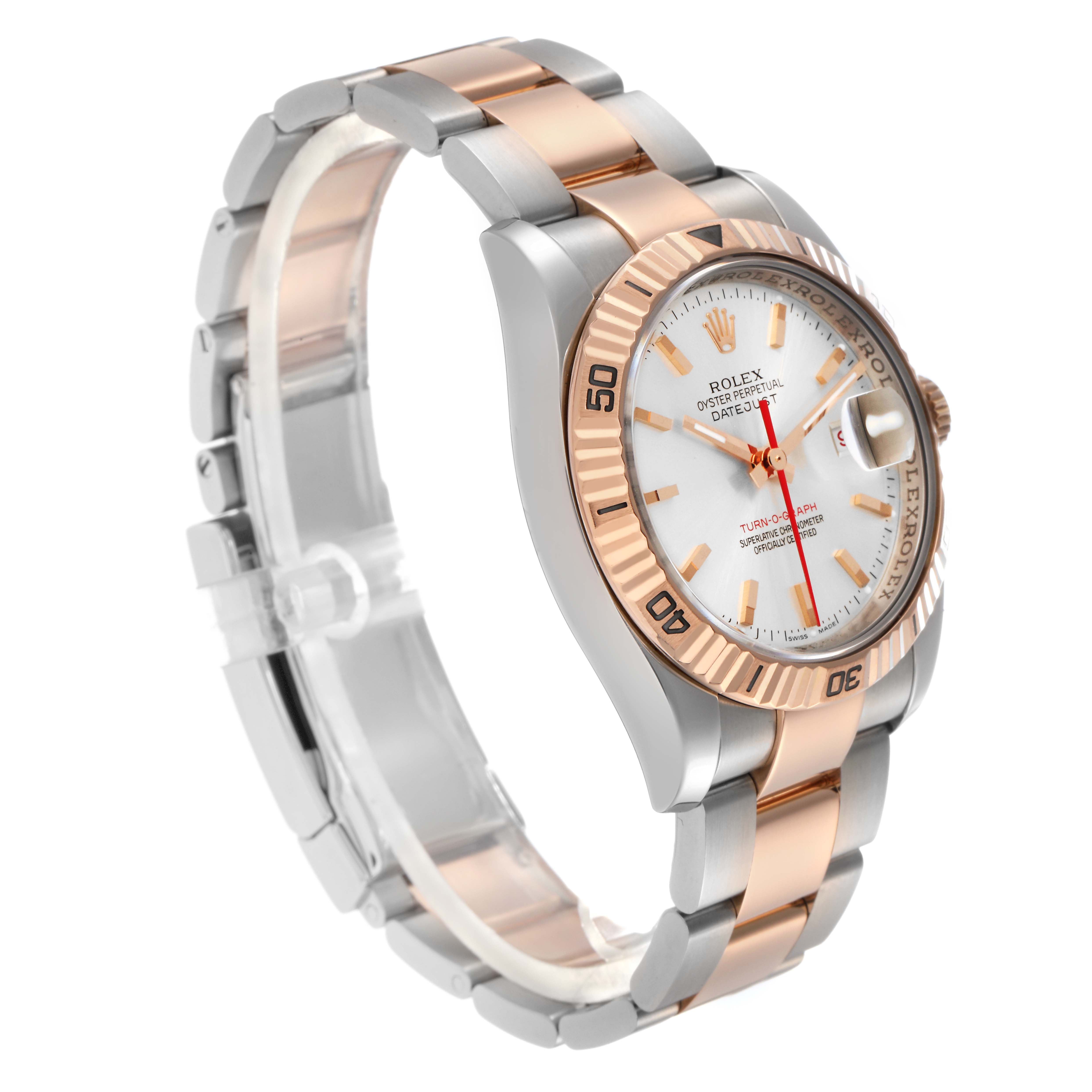 The Rolex Turn-o-Graph 116261 Men
s Steel and Gold (two tone) Silver Dial 116261 Men
s Steel and Gold (two tone) Silver Dial watch is shown at a three-quarter angle, displaying the bezel, dial, and part of the bracelet.