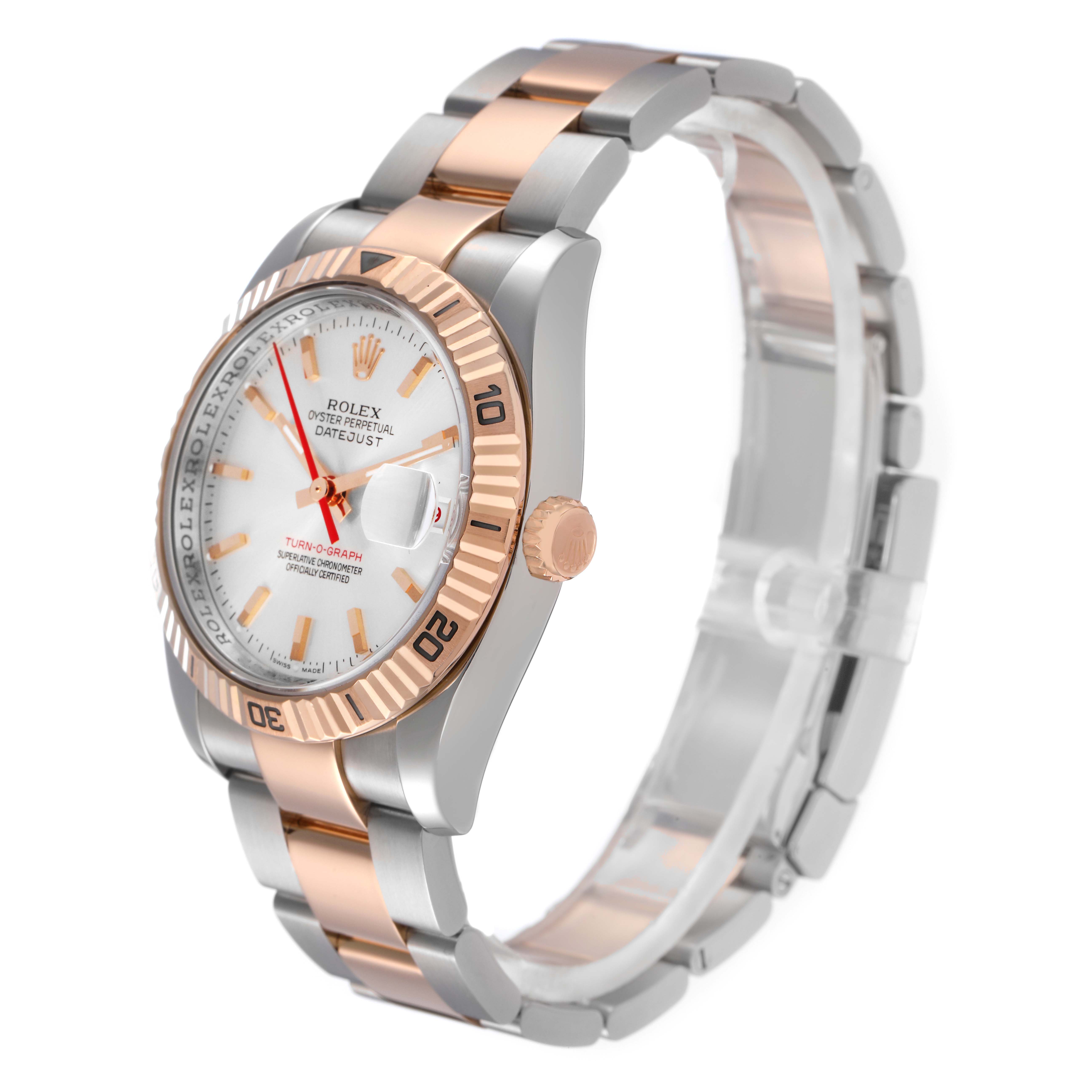 The Rolex Turn-o-Graph 116261 Men
s Steel and Gold (two tone) Silver Dial 116261 Men
s Steel and Gold (two tone) Silver Dial watch is shown at a three-quarter angle, highlighting its bezel, crown, dial, and two-tone bracelet.