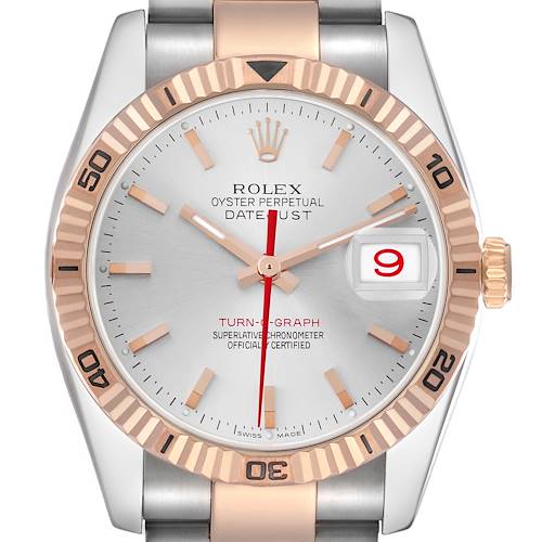 The Rolex Turn-o-Graph 116261 Men's Steel and Gold (two tone) Silver Dial watch is shown from a front angle, highlighting the face, rose gold bezel, and part of the bracelet.