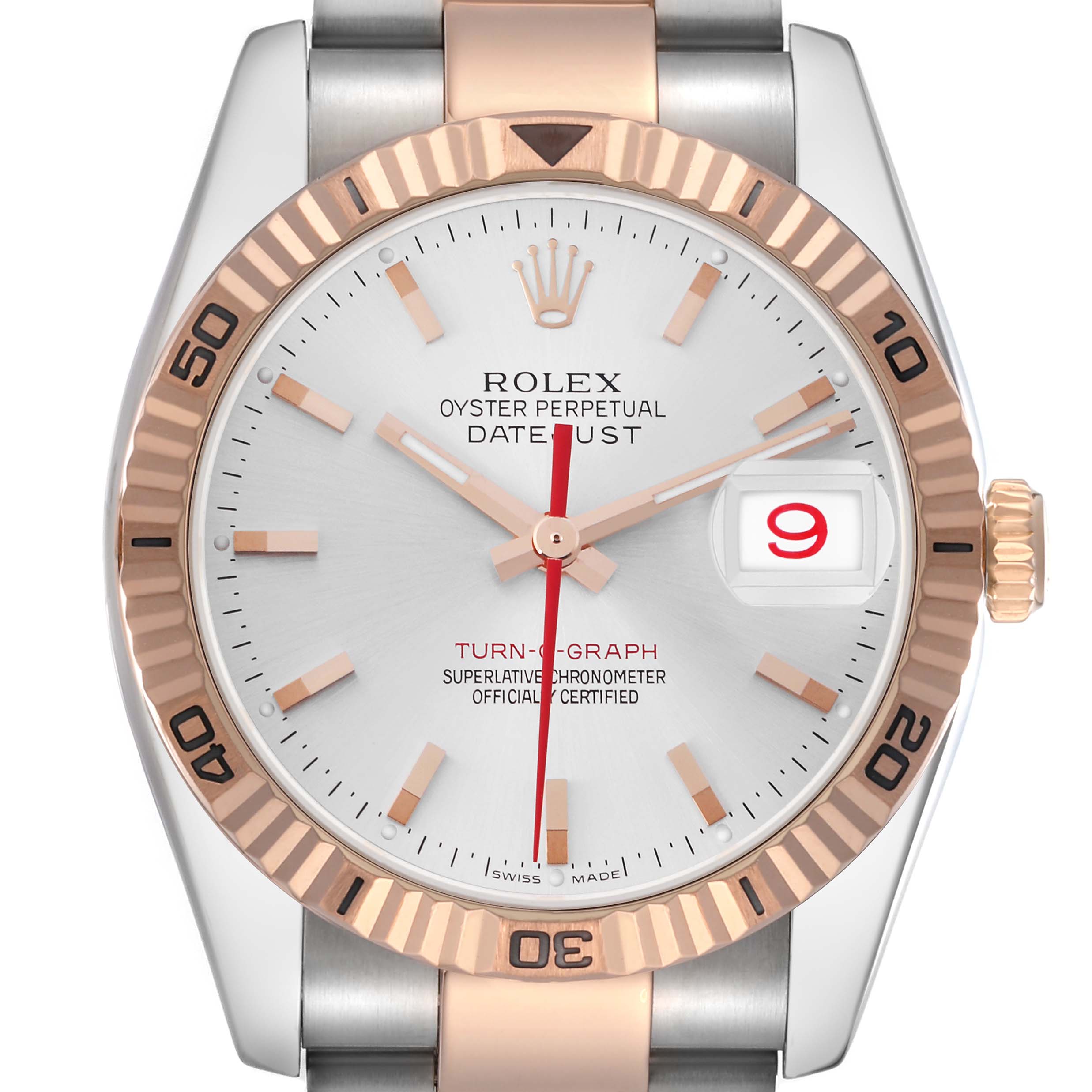 The image shows the front view of the Rolex Turn-o-Graph 116261 Men
s Steel and Gold (two tone) Silver Dial 116261 Men
s Steel and Gold (two tone) Silver Dial watch, highlighting its bezel, dial, hands, and date feature.