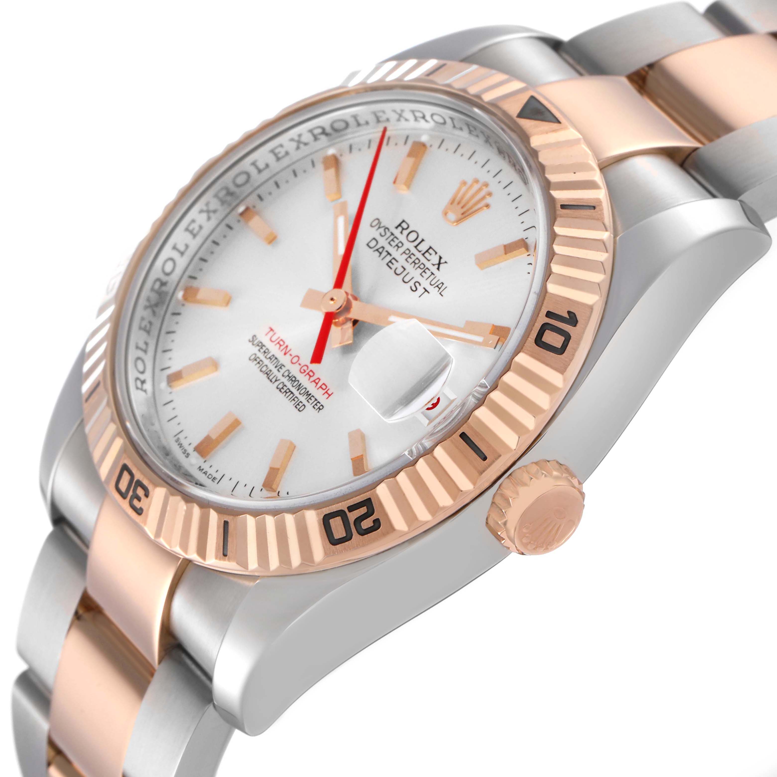 The image shows the Rolex Turn-o-Graph 116261 Men's Steel and Gold (two tone) Silver Dial watch at an angle highlighting the face, rose gold bezel, and partial bracelet.