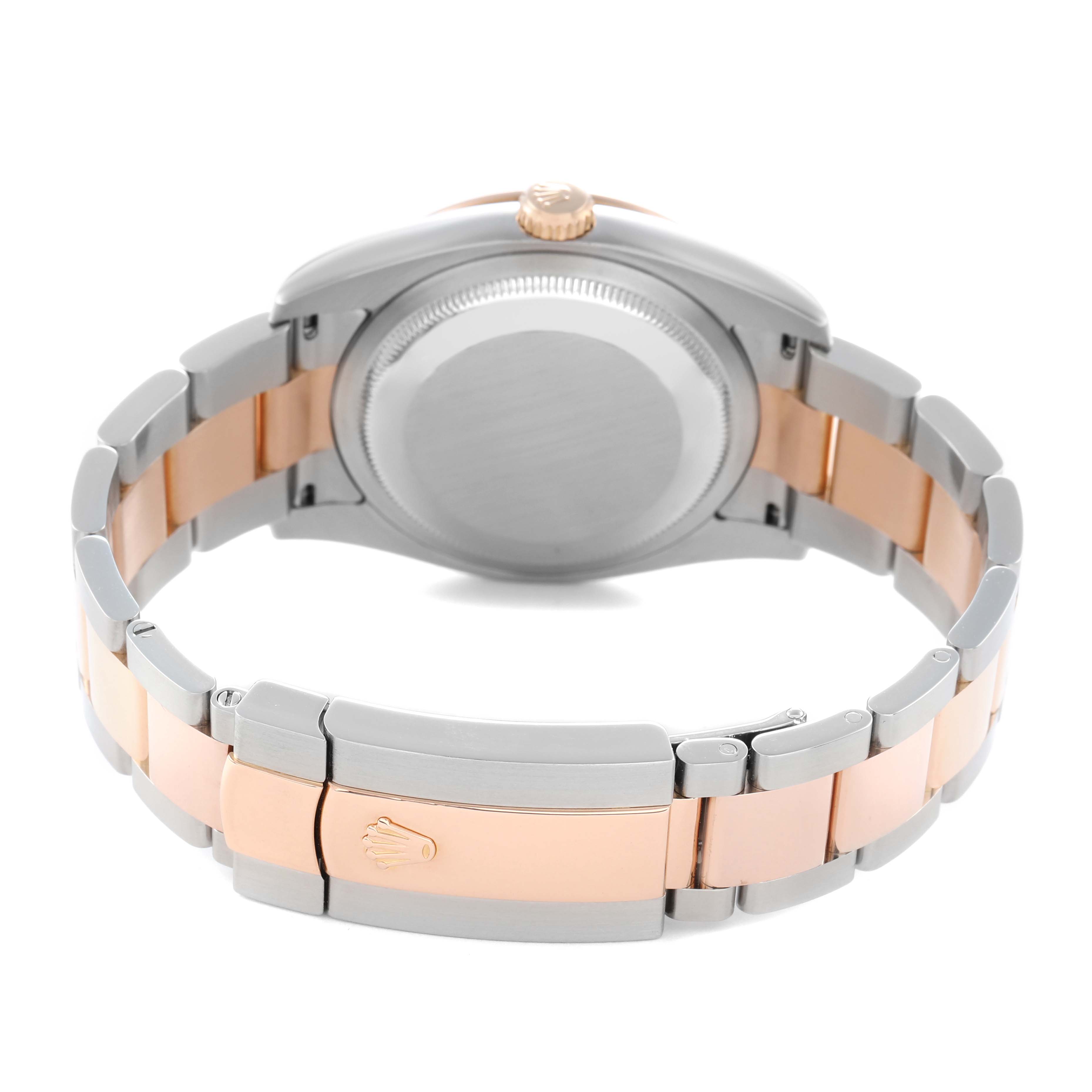 The image shows the back view of a Rolex Turn-o-Graph 116261 Men
s Steel and Gold (two tone) Silver Dial 116261 Men
s Steel and Gold (two tone) Silver Dial, highlighting the case back, bracelet, and clasp.