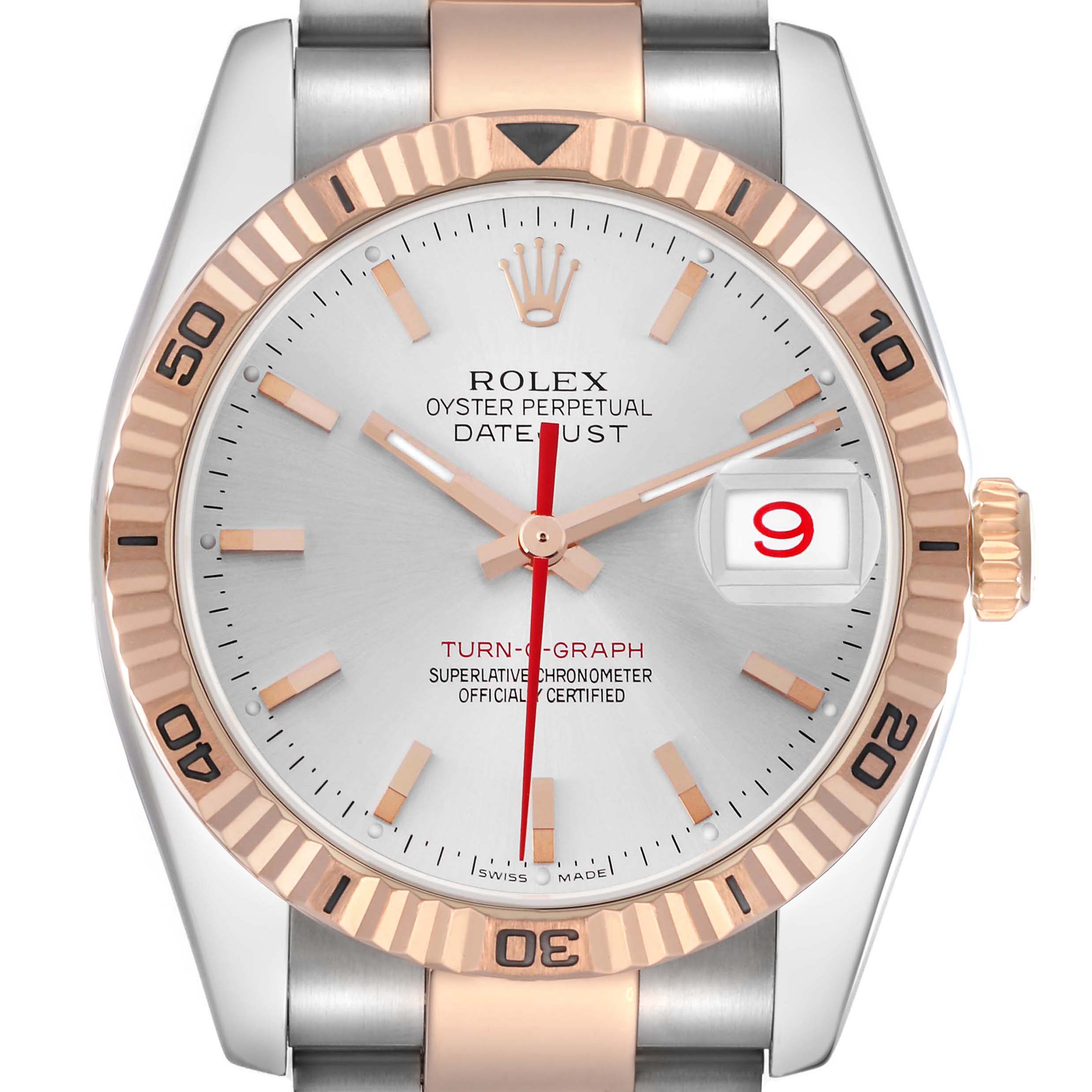 The Rolex Turn-o-Graph 116261 Men's Steel and Gold (two tone) Silver Dial watch is shown from the front, highlighting its face, bezel, and bracelet.