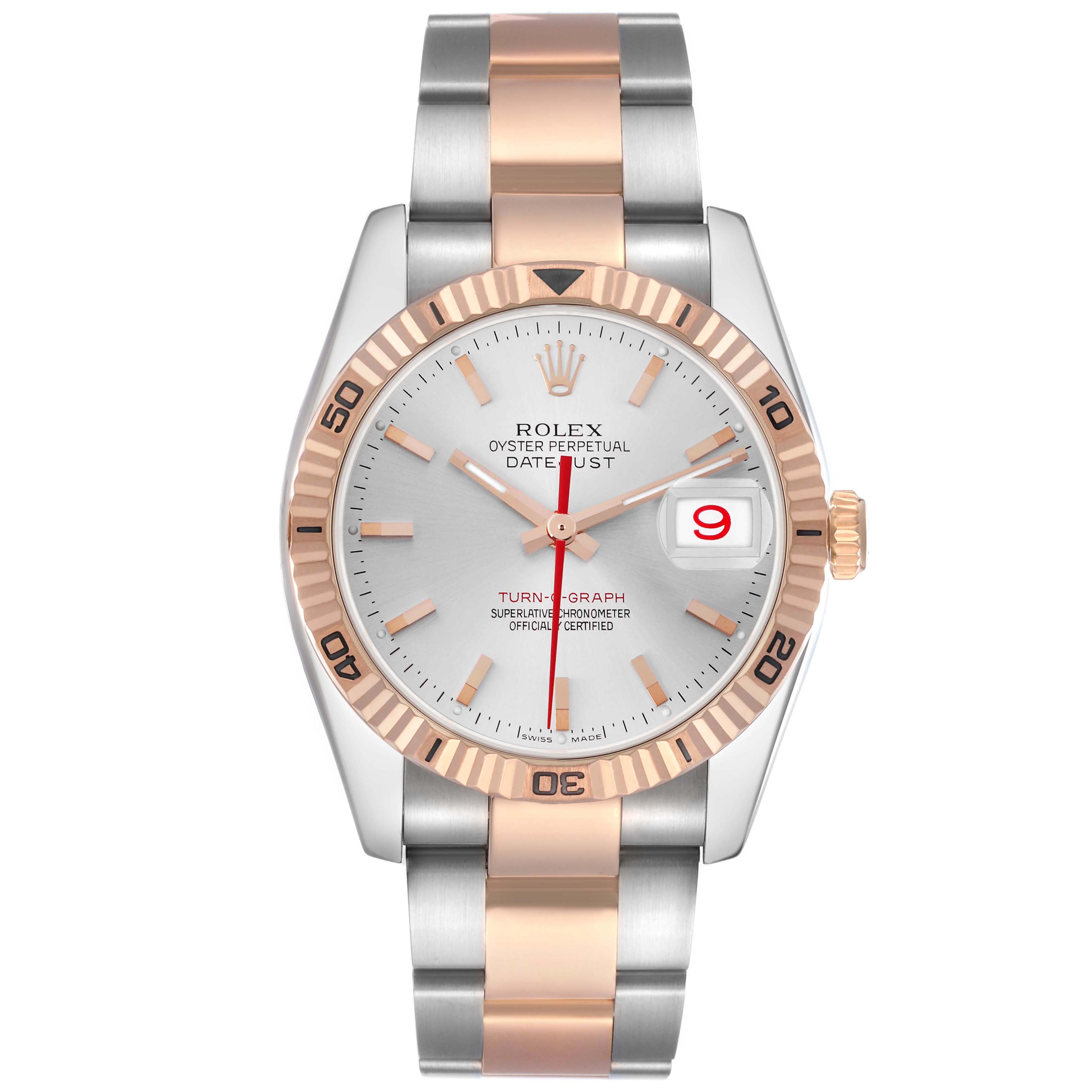 The Rolex Turn-o-Graph 116261 Men's Steel and Gold (two tone) Silver Dial watch is shown from the front, displaying the face, bezel, and bracelet.