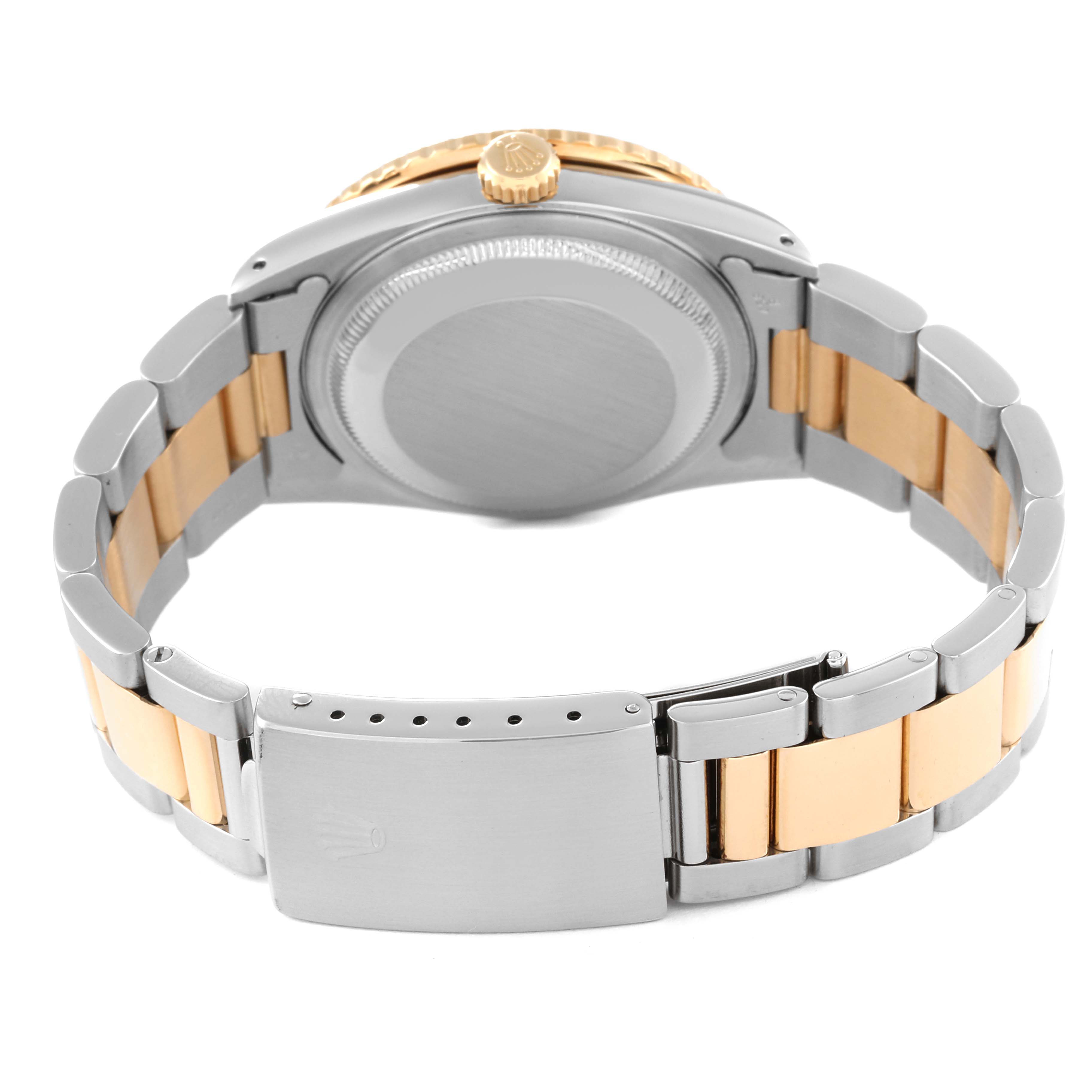 The image shows the back of a Rolex Turn-o-Graph 16263 Men's Steel and Gold (two tone) Champagne Dial 16263 Men's Steel and Gold (two tone) Champagne Dial watch, including the case back, crown, and metal bracelet.