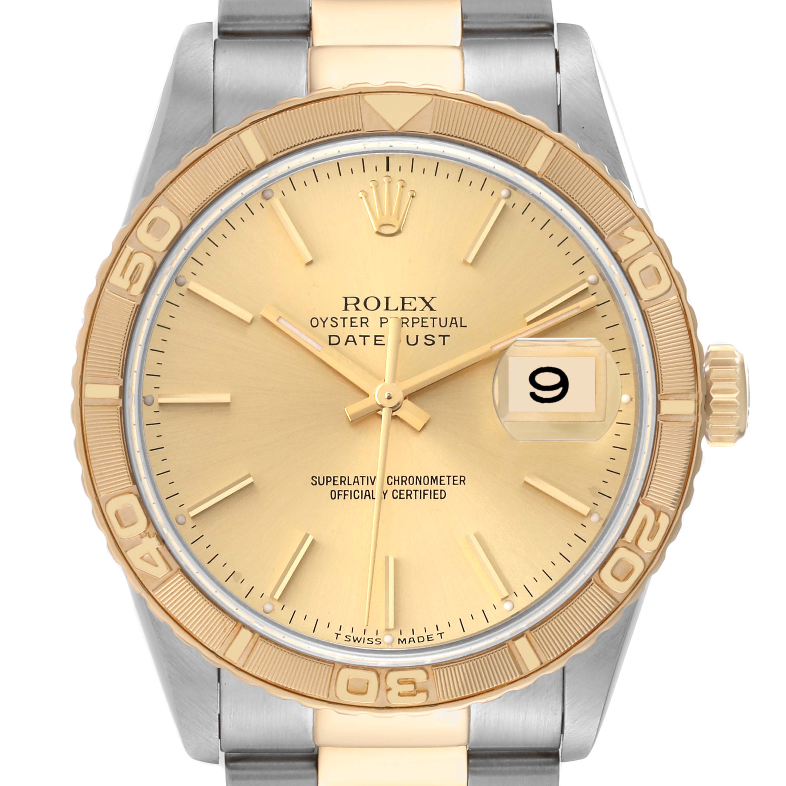 The image shows a front-angle view of the Rolex Turn-o-Graph 16263 Men's Steel and Gold (two tone) Champagne Dial 16263 Men's Steel and Gold (two tone) Champagne Dial watch, highlighting the dial, bezel, and part of the bracelet.