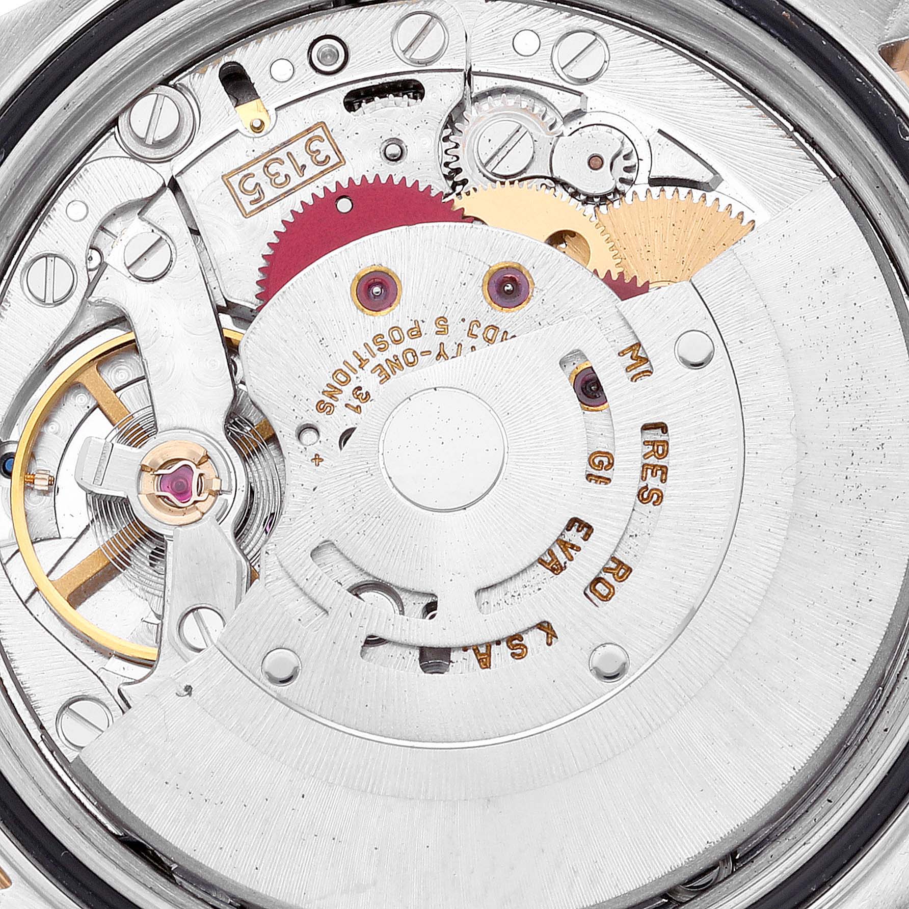 This is a close-up view of the movement mechanism in the Rolex Turn-o-Graph 16263 Men's Steel and Gold (two tone) Champagne Dial 16263 Men's Steel and Gold (two tone) Champagne Dial watch, showing gears and intricate components.