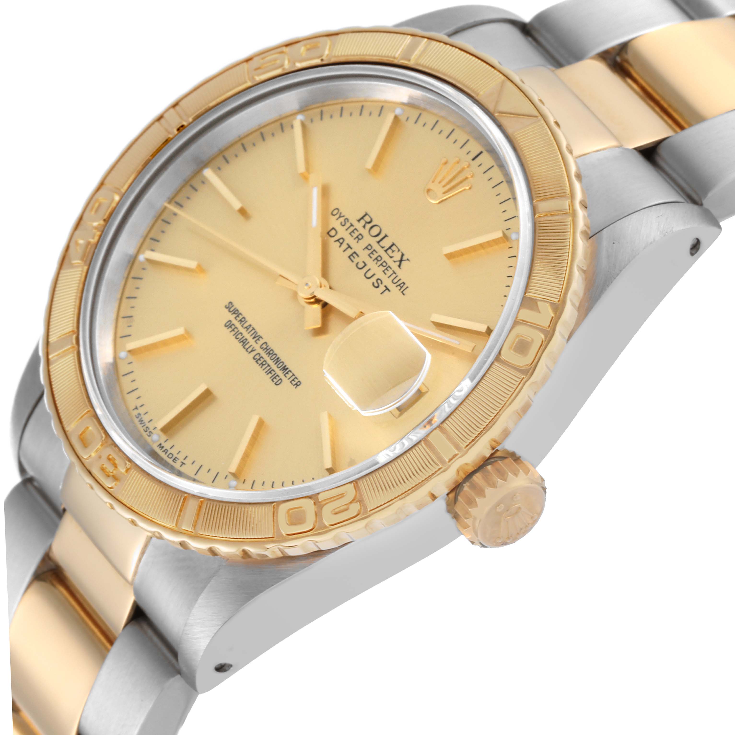 The image shows a close-up side angle of a Rolex Turn-o-Graph 16263 Men's Steel and Gold (two tone) Champagne Dial 16263 Men's Steel and Gold (two tone) Champagne Dial featuring the crown, bezel, dial, bracelet, and date window.