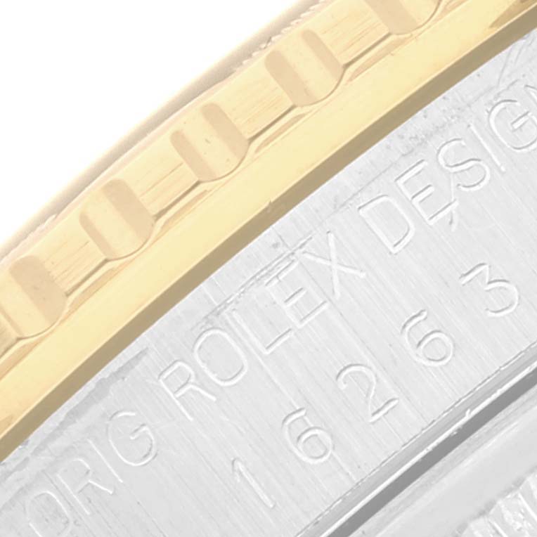 The image shows a close-up of the bezel and case of the Rolex Turn-o-Graph 16263 Men's Steel and Gold (two tone) Champagne Dial 16263 Men's Steel and Gold (two tone) Champagne Dial watch, with partial inscriptions visible.