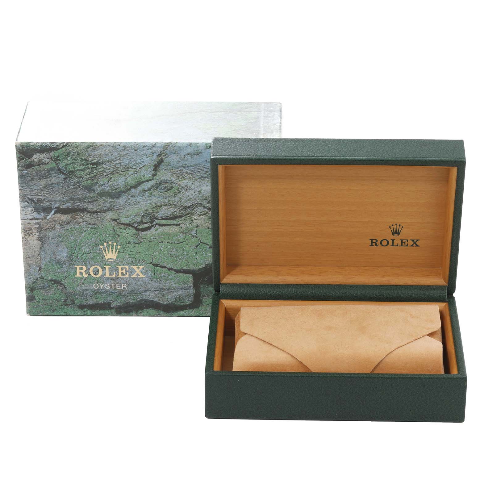 The image shows the packaging for the Rolex Turn-o-Graph 16263 Men's Steel and Gold (two tone) Champagne Dial 16263 Men's Steel and Gold (two tone) Champagne Dial watch, including a green Rolex Oyster box and an inner wooden box.