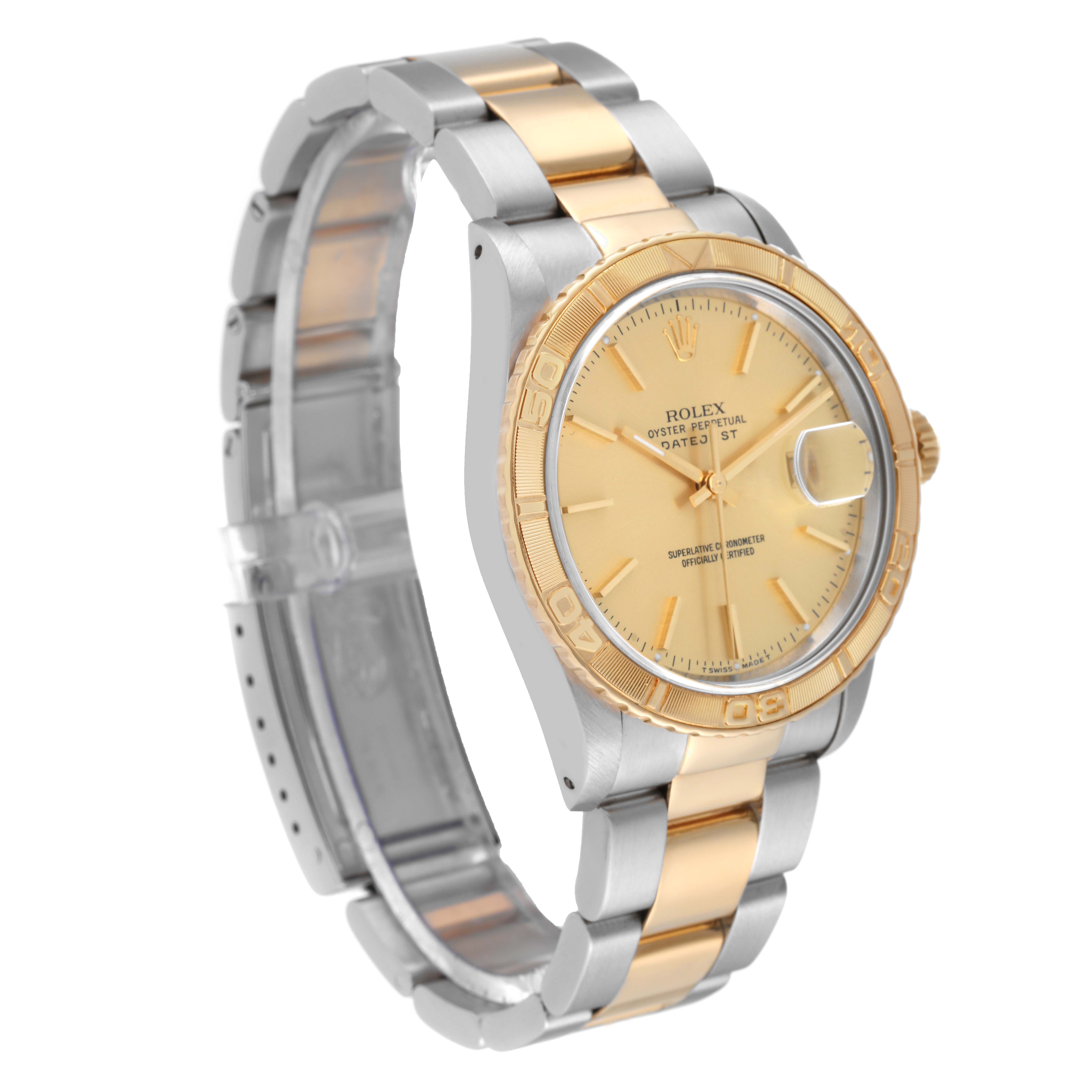 This image shows a side-angle view of a Rolex Turn-o-Graph 16263 Men's Steel and Gold (two tone) Champagne Dial 16263 Men's Steel and Gold (two tone) Champagne Dial watch, highlighting its gold and silver bracelet and bezel.