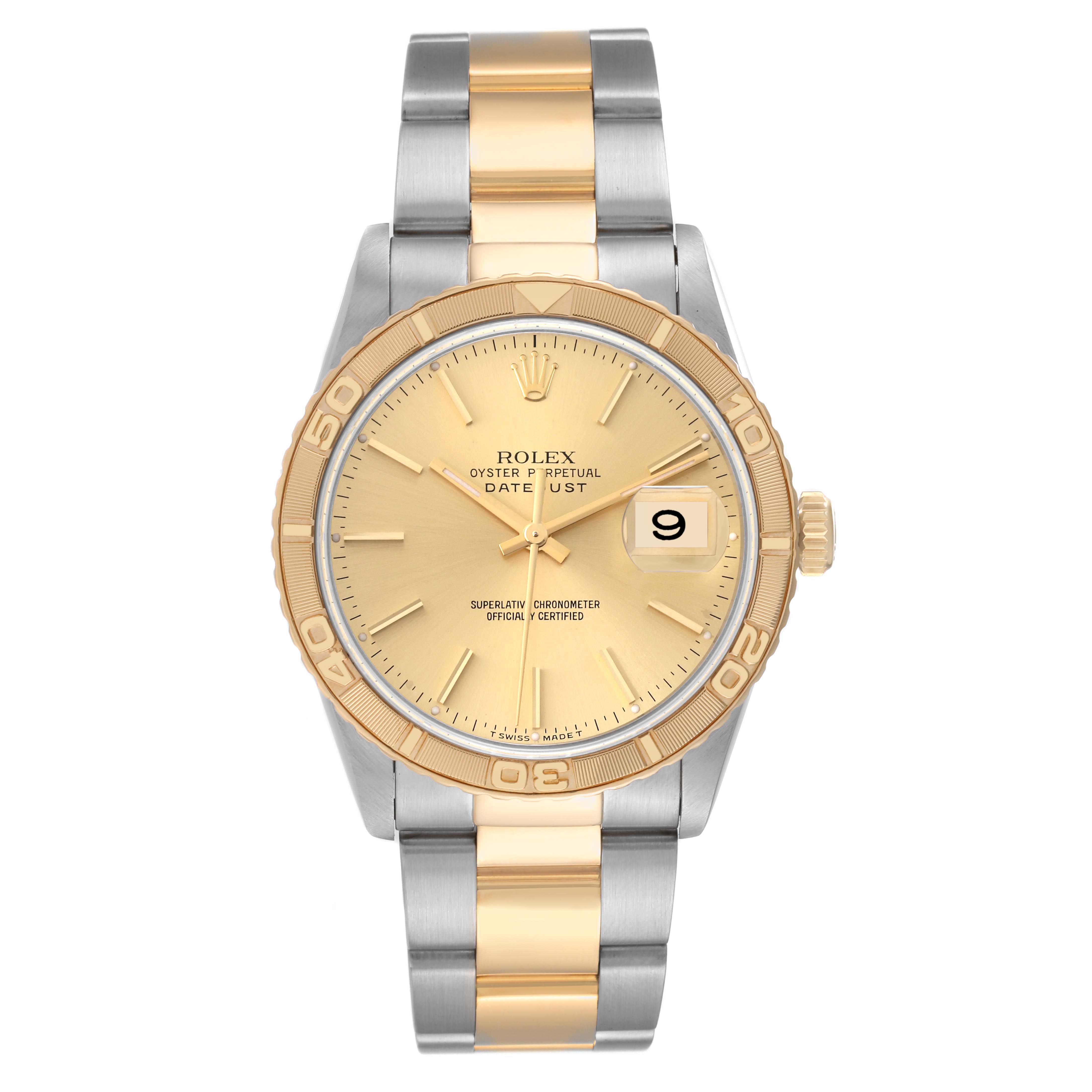 This image shows the face and band of the Rolex Turn-o-Graph 16263 Men's Steel and Gold (two tone) Champagne Dial 16263 Men's Steel and Gold (two tone) Champagne Dial watch, featuring a gold and stainless steel design.