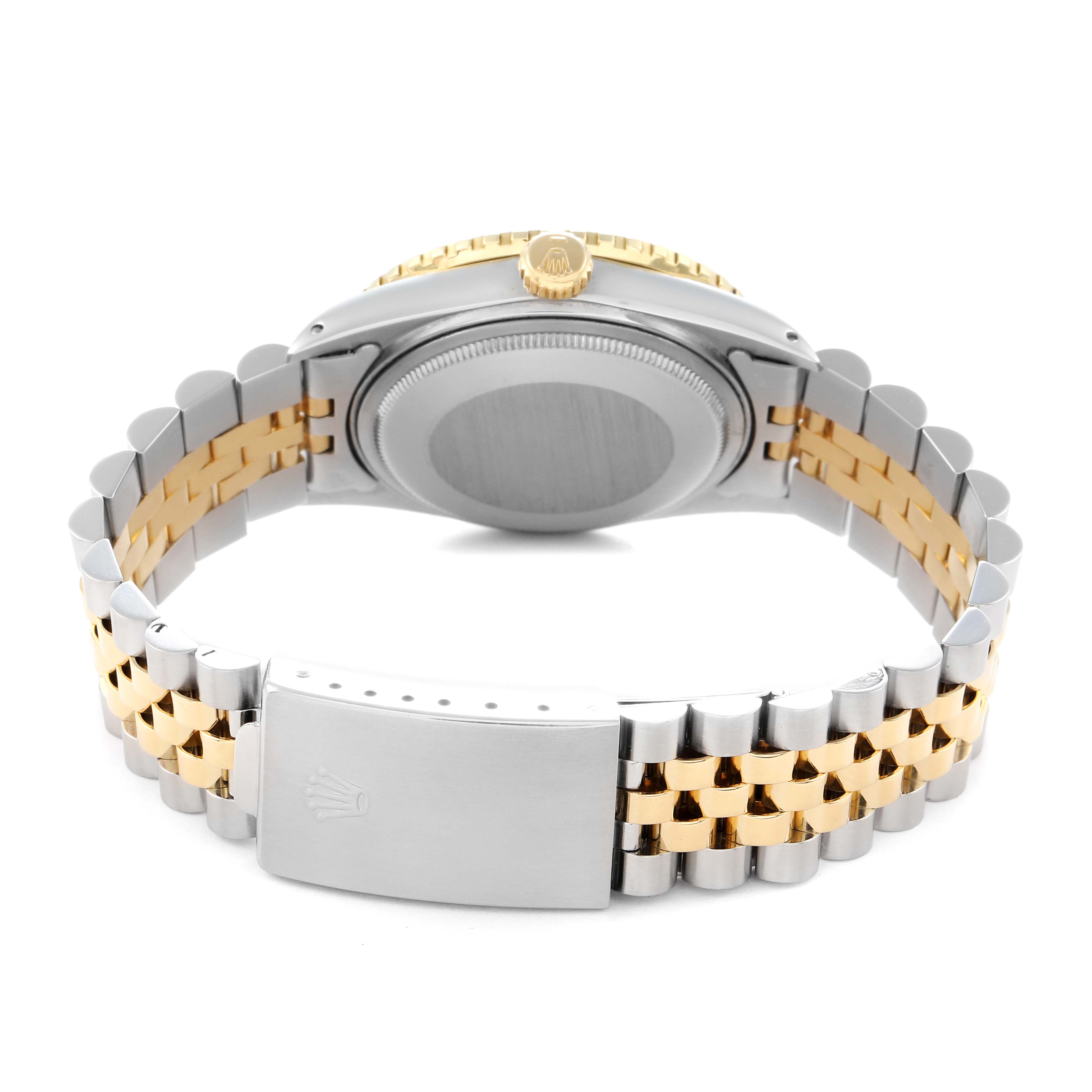 The image shows the back and bracelet of a Rolex Turn-o-Graph 16253 Men
s Steel and Gold (two tone) Blue Dial 16253 Men
s Steel and Gold (two tone) Blue Dial, highlighting the clasp and two-tone metal links.