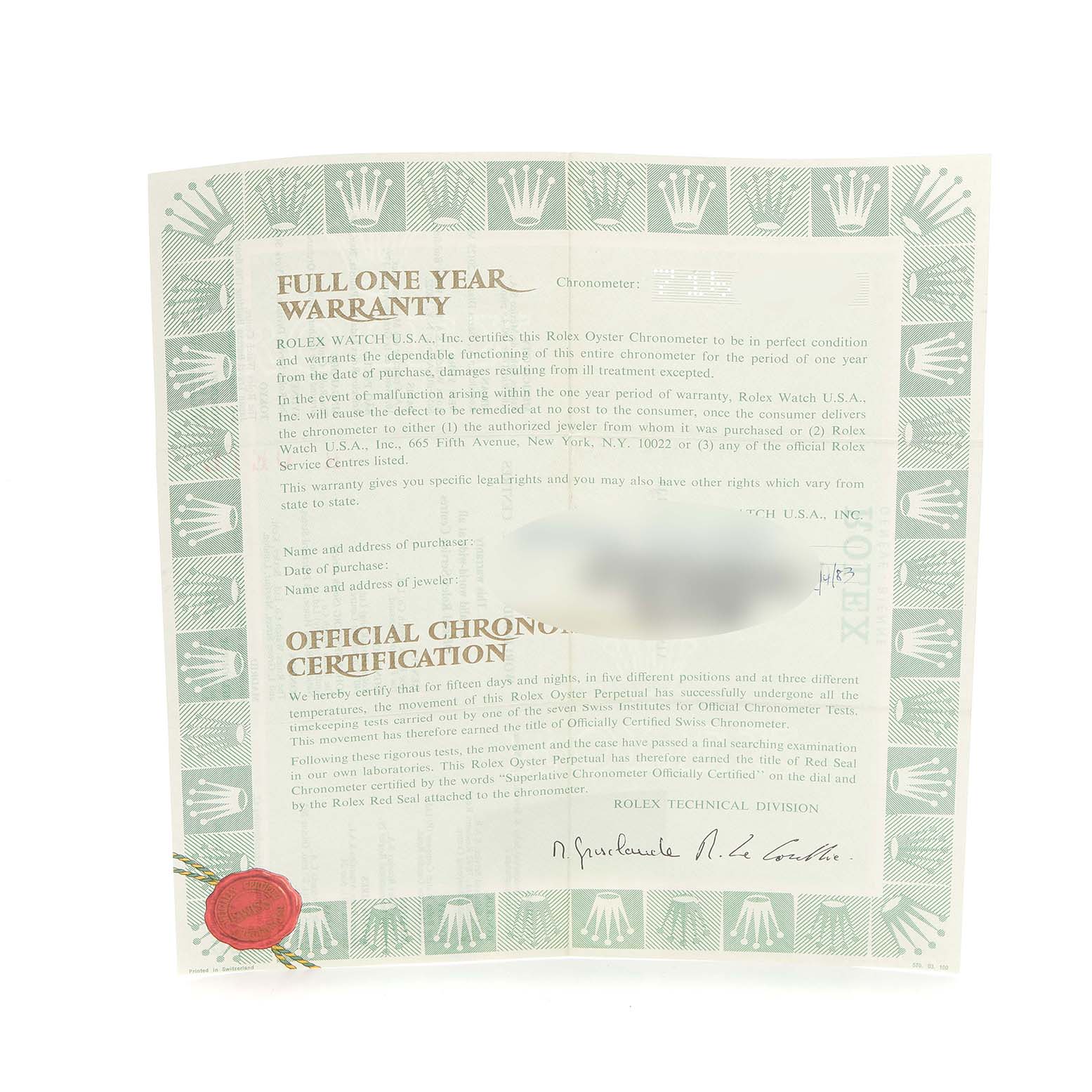 The image shows a Rolex Turn-o-Graph 16253 Men
s Steel and Gold (two tone) Blue Dial 16253 Men
s Steel and Gold (two tone) Blue Dial warranty document with official chronometer certification details, viewed from the front.