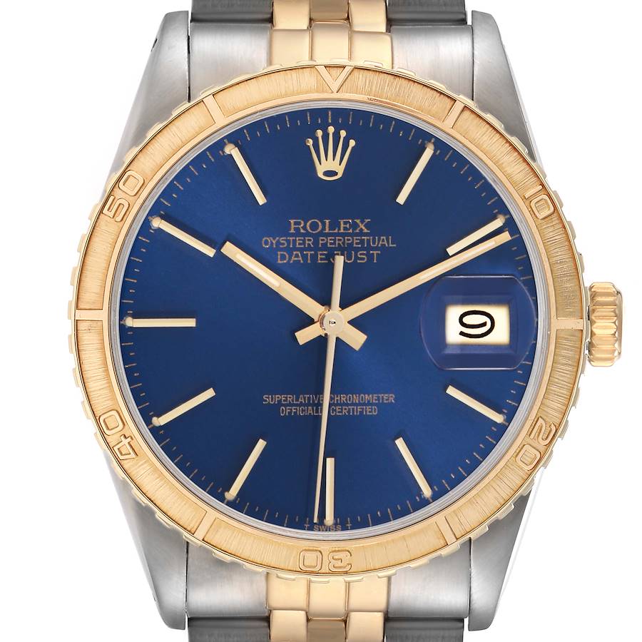 The Rolex Turn-o-Graph watch is shown from a front view, highlighting its blue dial, gold bezel, and steel-gold bracelet.