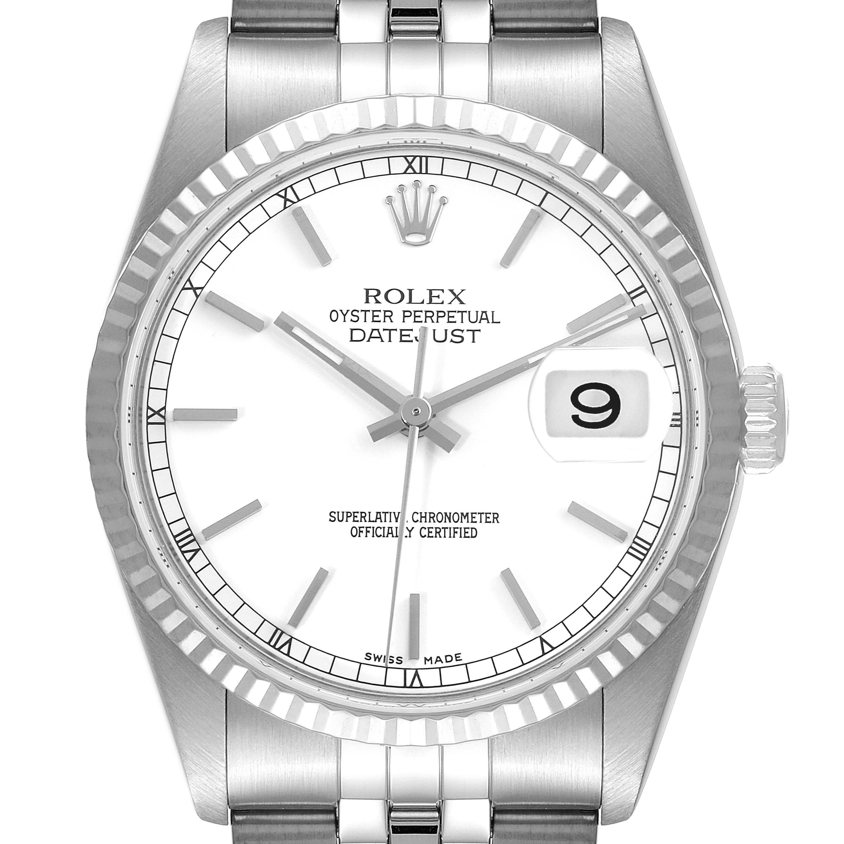 The image shows a front view of a Rolex Datejust 16234 Men's Stainless Steel White Dial 16234 Men's Stainless Steel White Dial model, displaying its dial, bezel, crown, and part of its bracelet.