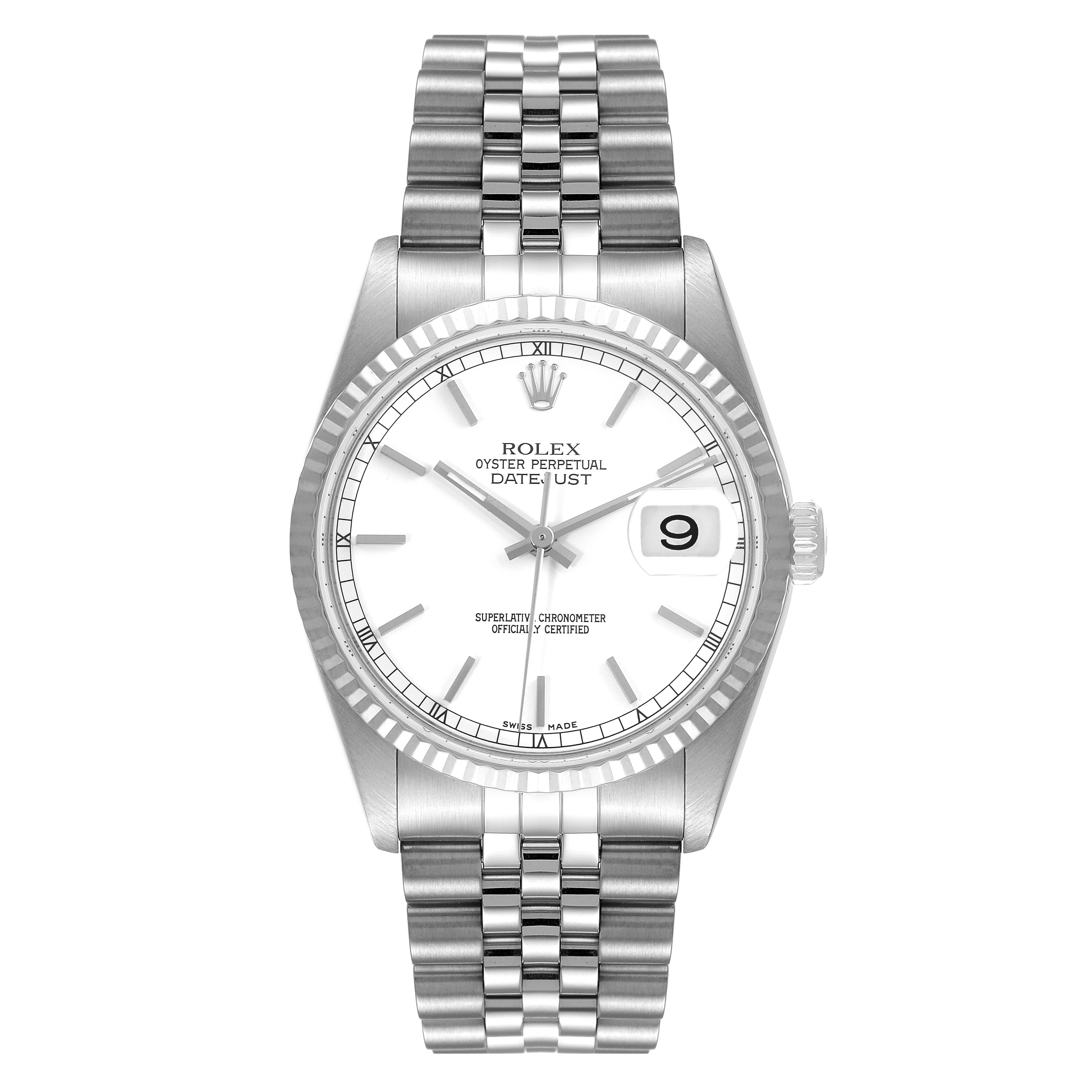 The image shows a front view of the Rolex Datejust 16234 Men's Stainless Steel White Dial 16234 Men's Stainless Steel White Dial watch, displaying the dial, bezel, bracelet, and crown.