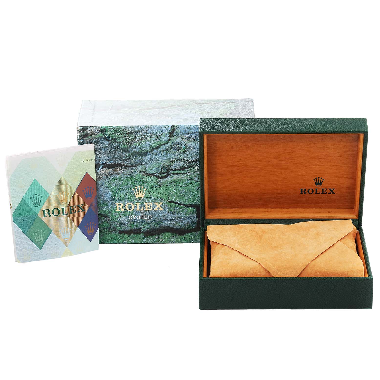 The image shows the packaging box, leather pouch, and booklet for the Rolex Datejust 16234 Men's Stainless Steel White Dial 16234 Men's Stainless Steel White Dial model.