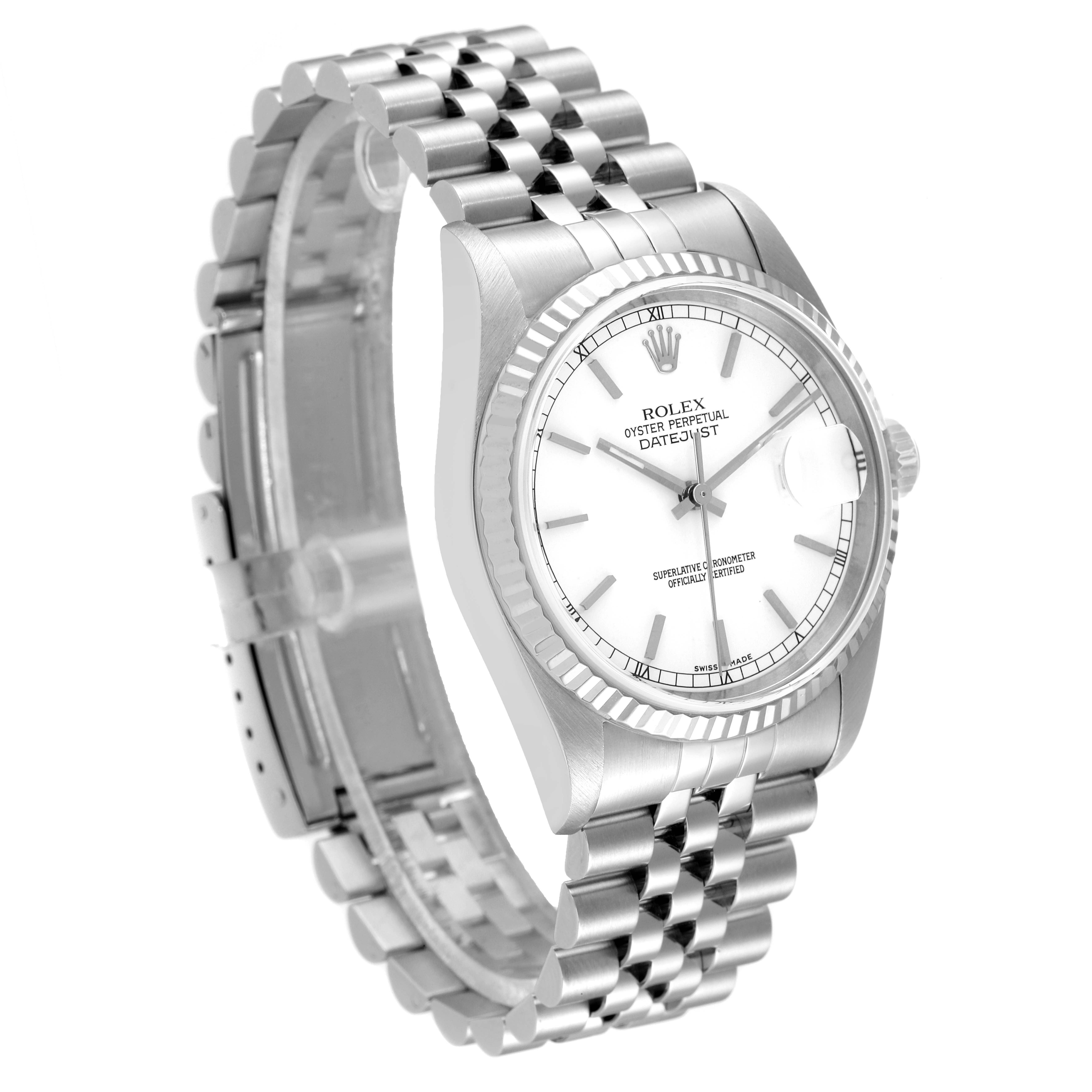 This Rolex Datejust 16234 Men's Stainless Steel White Dial 16234 Men's Stainless Steel White Dial watch is shown at a slight angle, featuring the face, bezel, and bracelet.