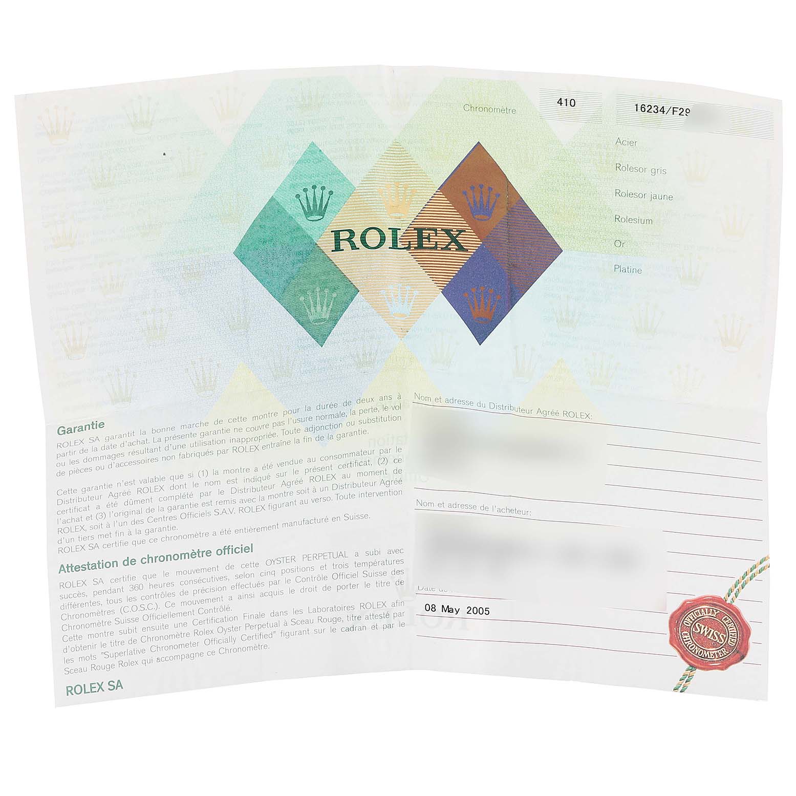 This is a warranty document for a Rolex Datejust 16234 Men's Stainless Steel White Dial 16234 Men's Stainless Steel White Dial watch from various angles.