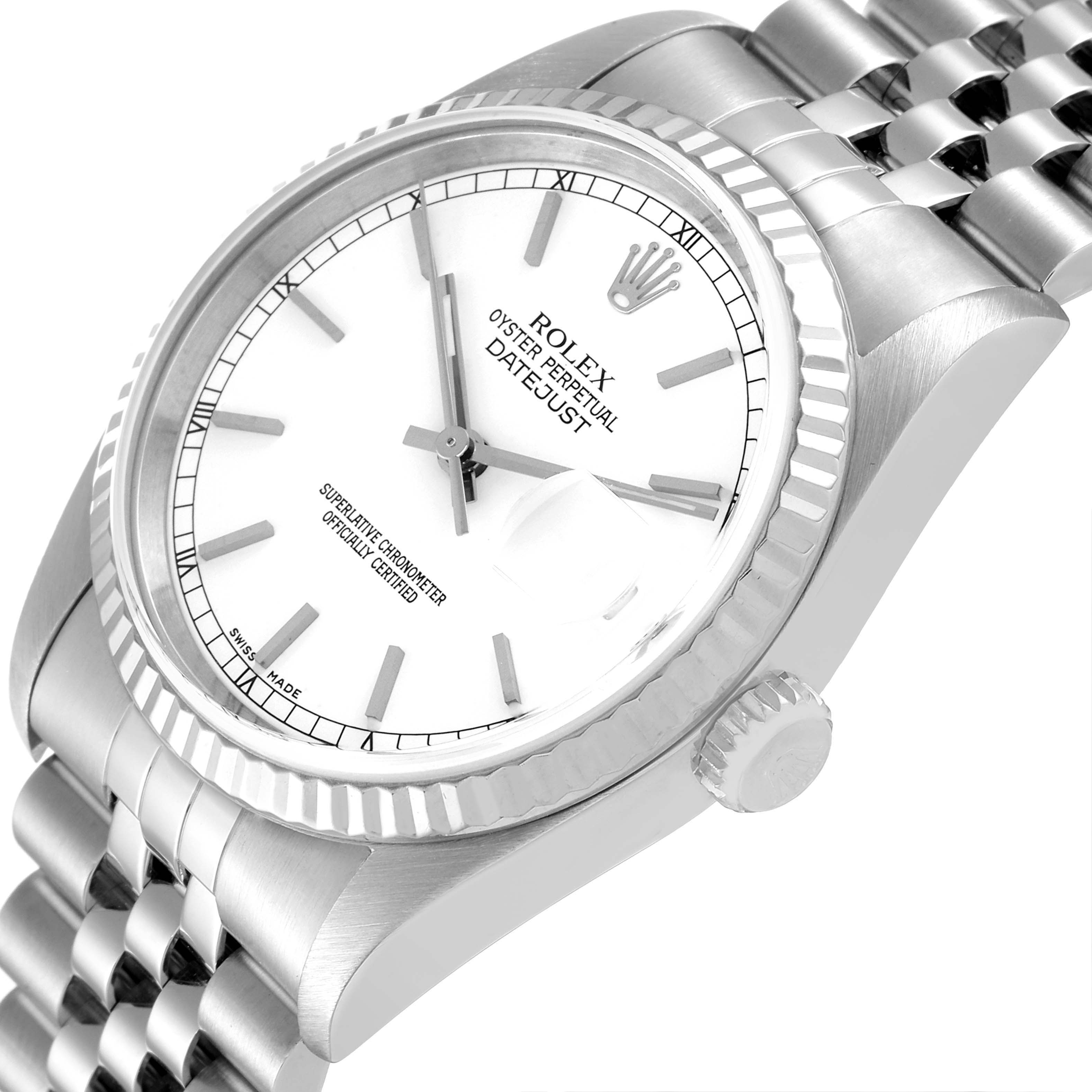 The image shows the Rolex Datejust 16234 Men's Stainless Steel White Dial 16234 Men's Stainless Steel White Dial watch at an angle, highlighting the dial, bezel, crown, and part of the bracelet.