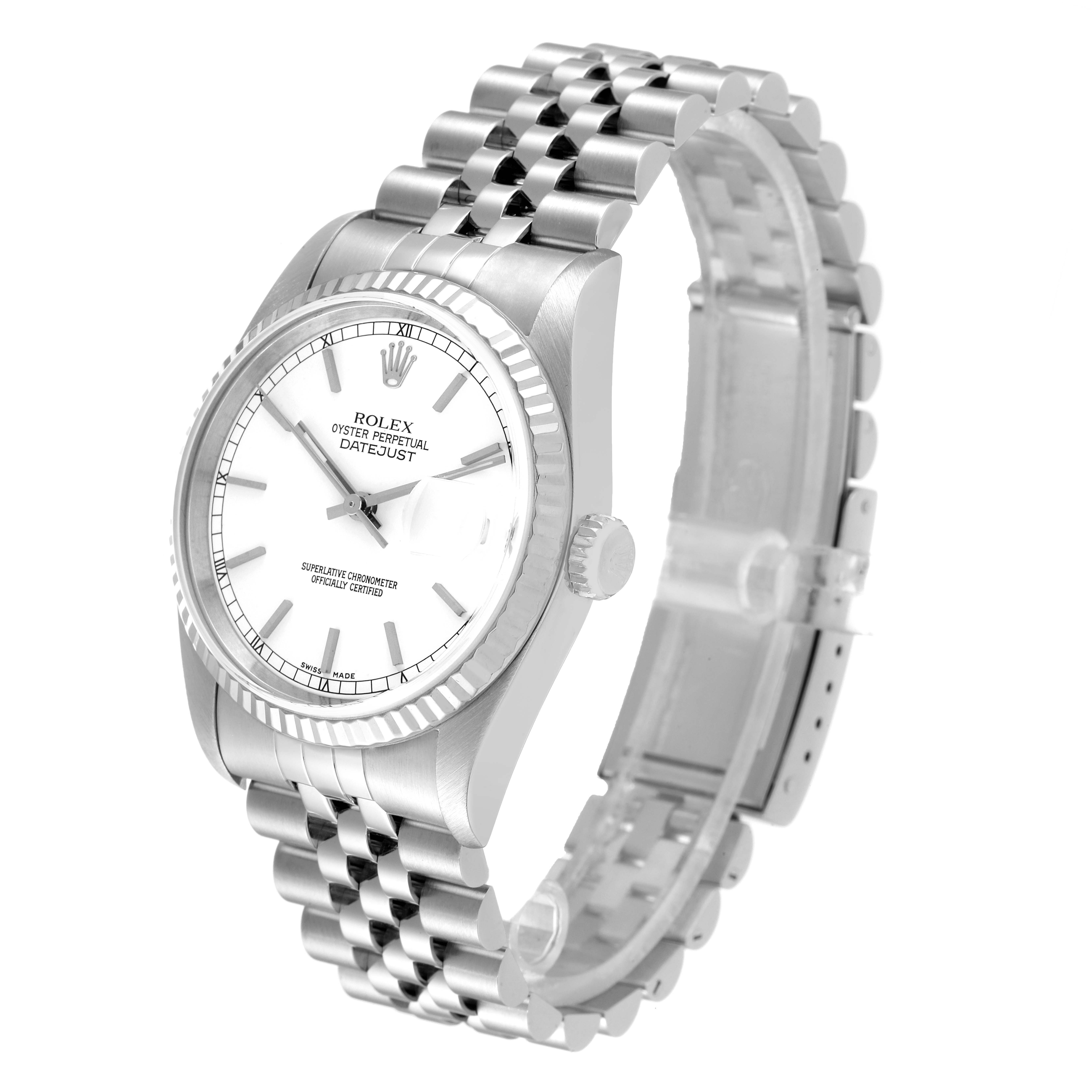 The image shows a side angle of a Rolex Datejust 16234 Men's Stainless Steel White Dial 16234 Men's Stainless Steel White Dial watch, highlighting its face, bezel, crown, and jubilee bracelet.