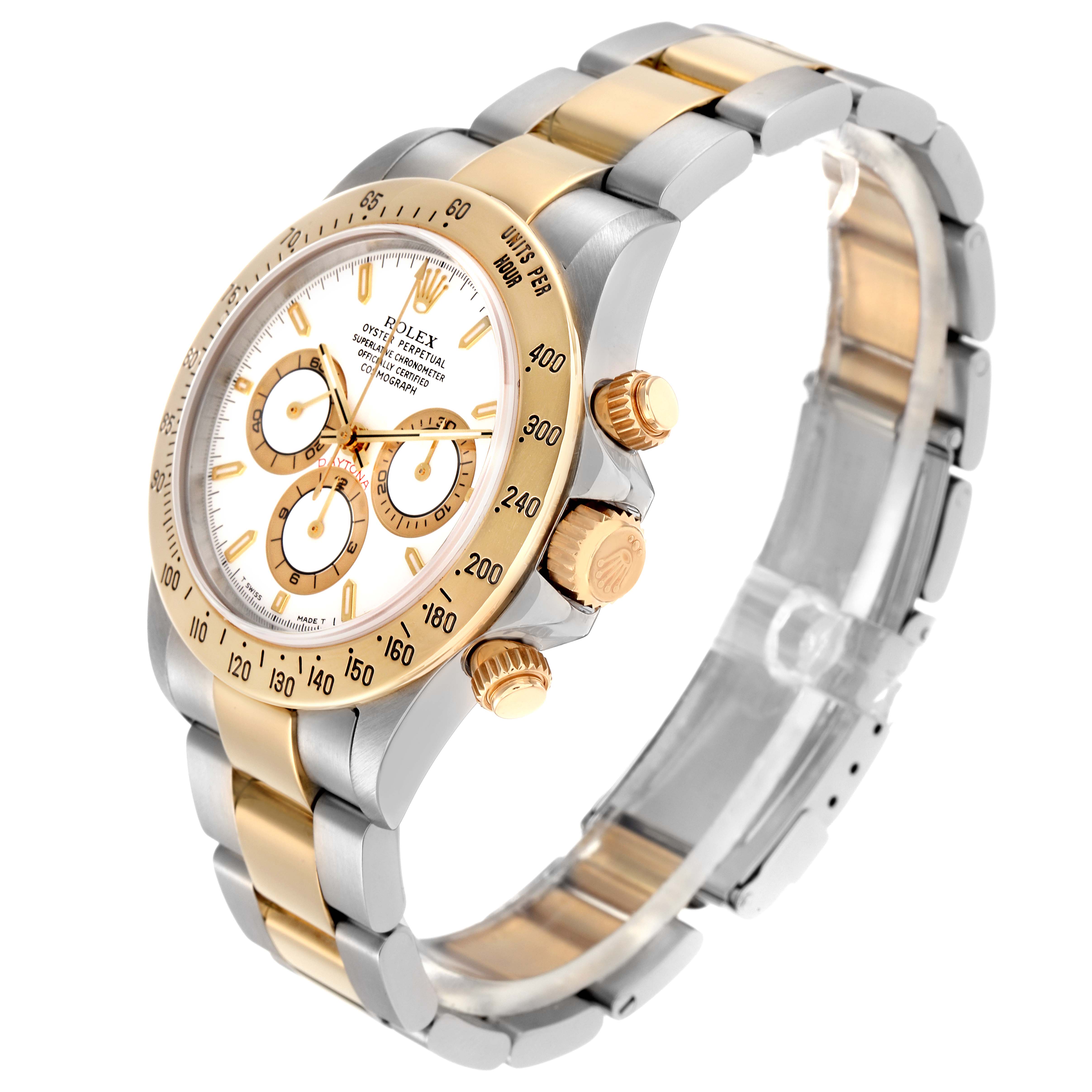 The Rolex Daytona 16523 Men
s Steel and Gold (two tone) White Dial 16523 Men
s Steel and Gold (two tone) White Dial watch is shown at a three-quarter angle, displaying the face, bezel, and two-tone bracelet.