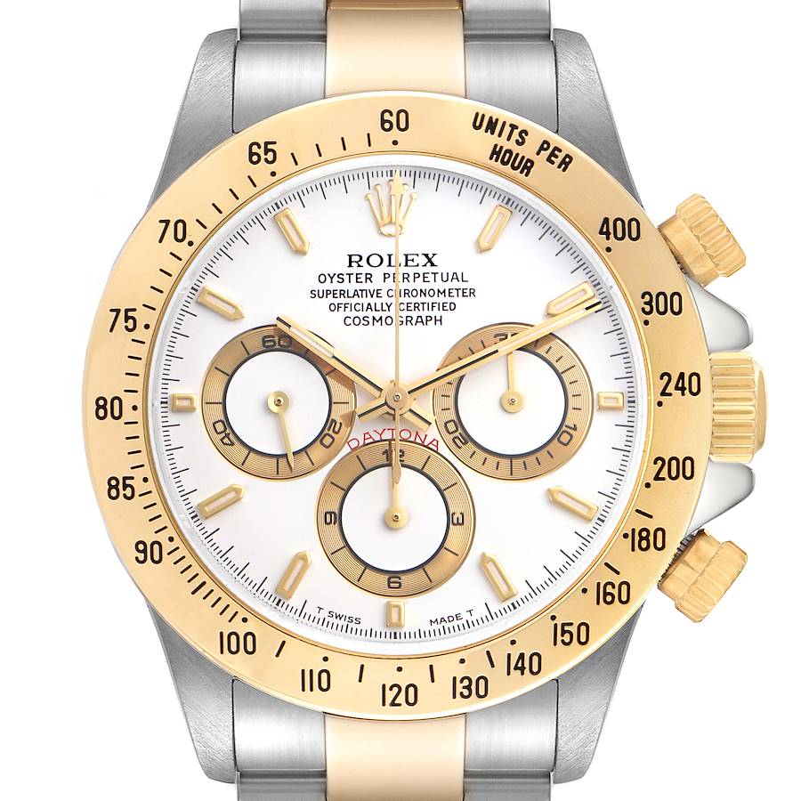 The Rolex Daytona watch is shown from a front view, highlighting the dial, bezel, sub-dials, and crown.
