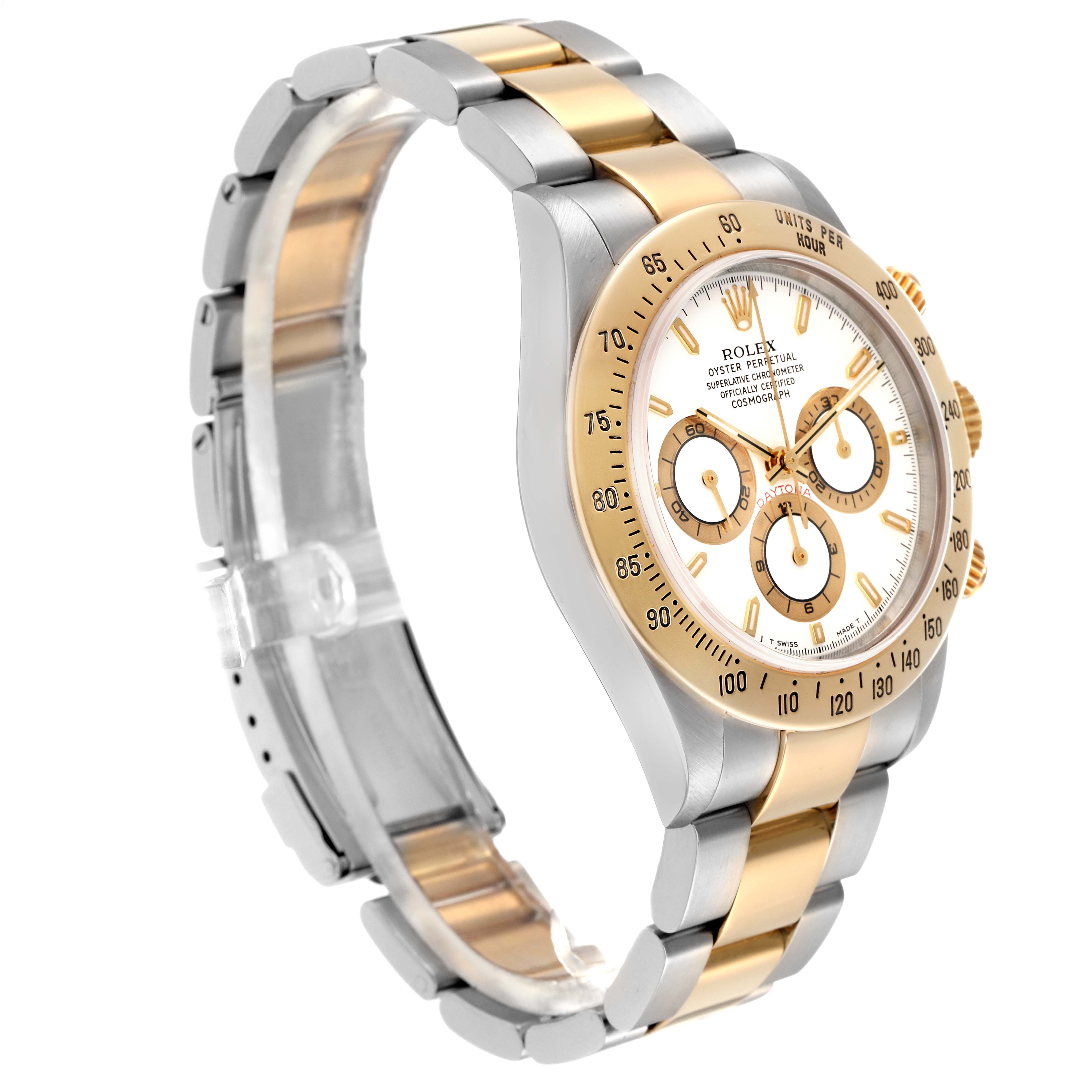 The Rolex Daytona 16523 Men
s Steel and Gold (two tone) White Dial 16523 Men
s Steel and Gold (two tone) White Dial watch is shown at an angled side view, highlighting the two-tone bracelet, bezel, and chronograph dials.
