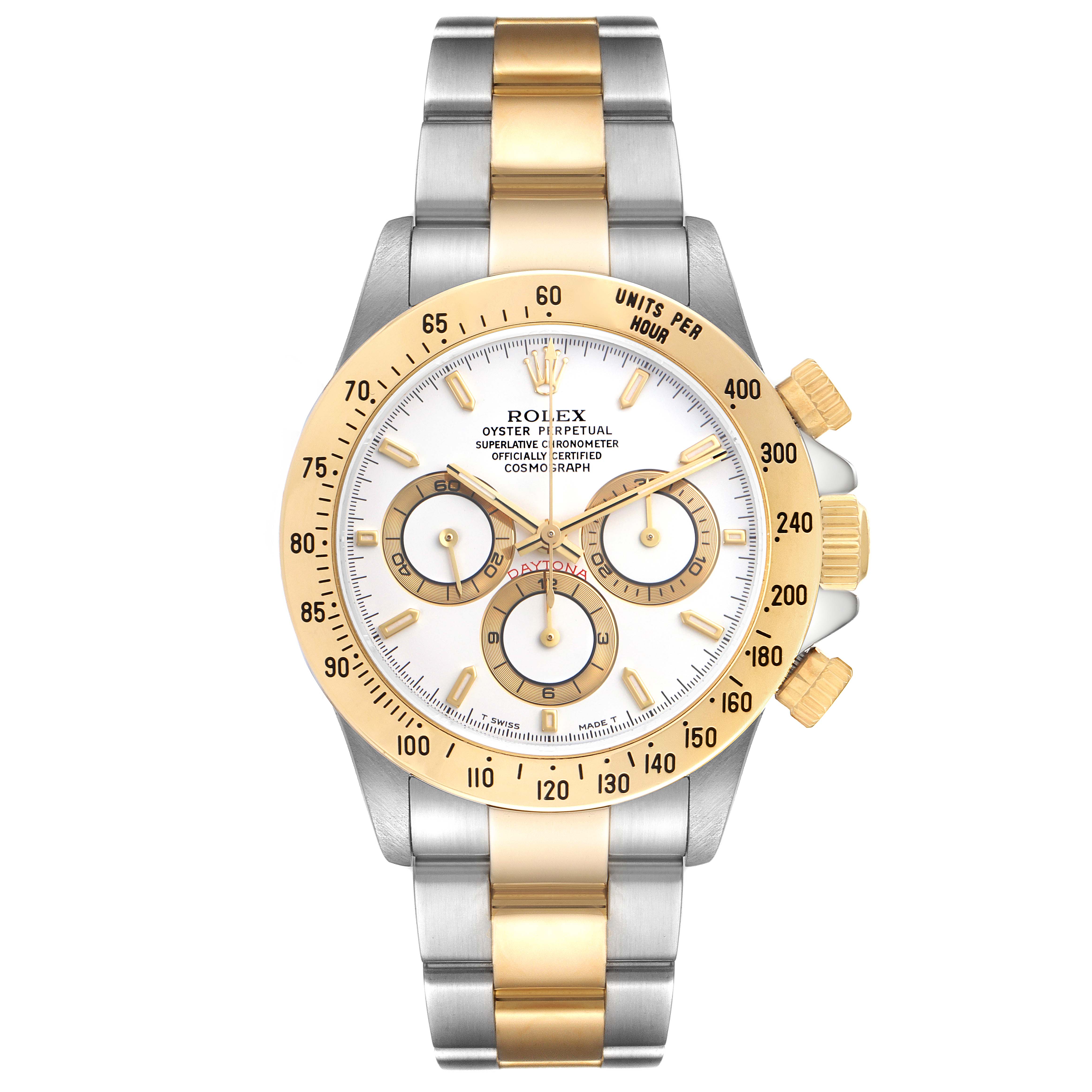 The Rolex Daytona 16523 Men
s Steel and Gold (two tone) White Dial 16523 Men
s Steel and Gold (two tone) White Dial watch is shown from a top-down angle, displaying the bezel, dial, and bracelet clearly.