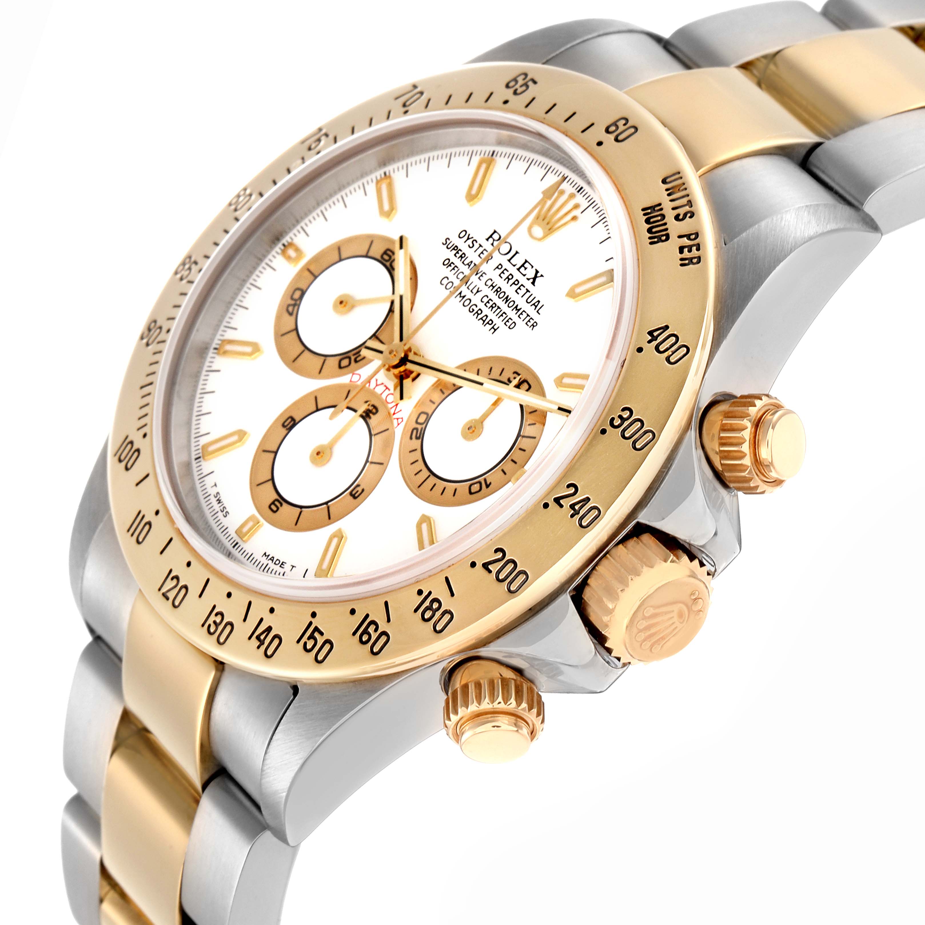 The Rolex Daytona 16523 Men
s Steel and Gold (two tone) White Dial 16523 Men
s Steel and Gold (two tone) White Dial watch is shown at an angle, highlighting the bezel, crown, pushers, and part of the bracelet.