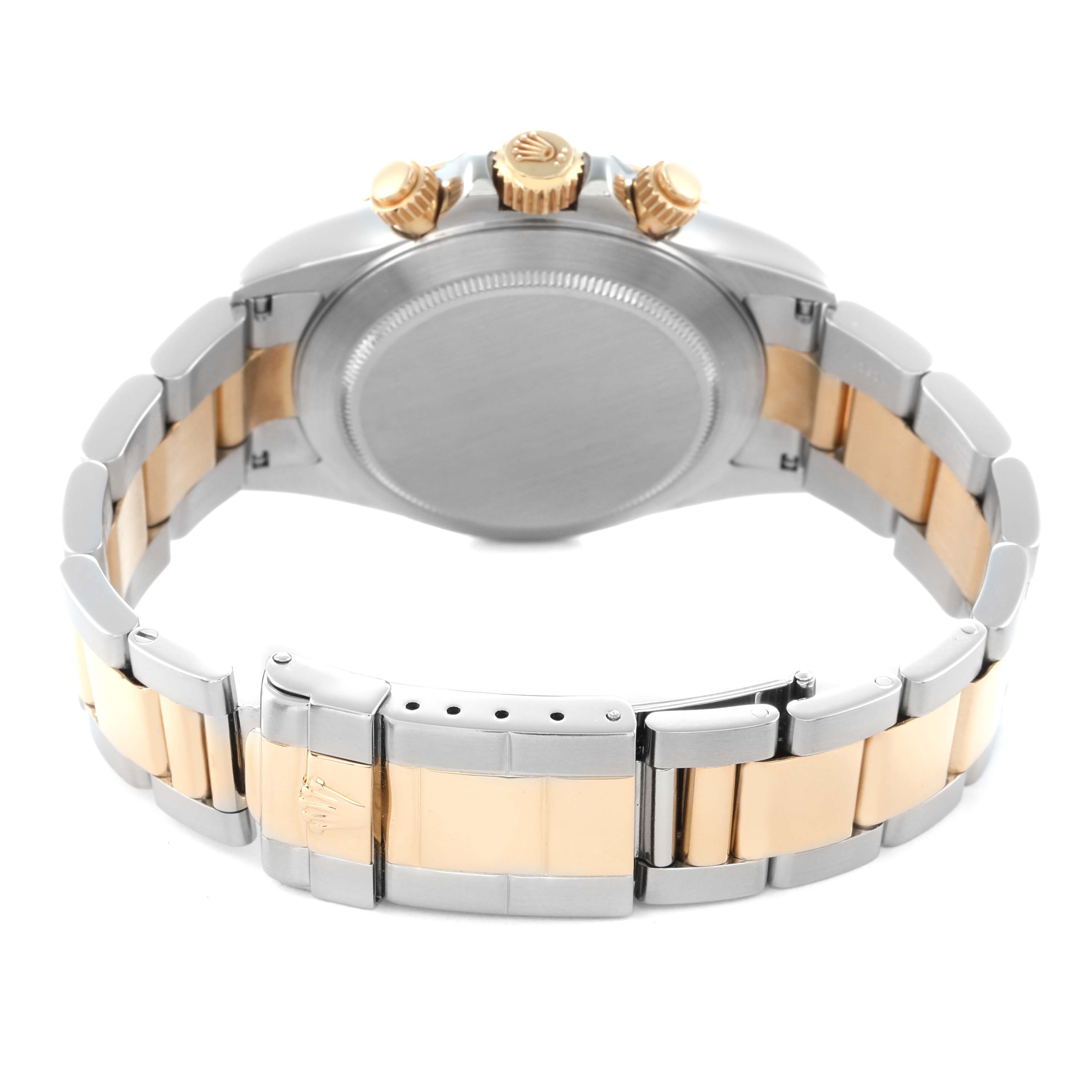 This image shows the back and band of a Rolex Daytona 16523 Men
s Steel and Gold (two tone) White Dial 16523 Men
s Steel and Gold (two tone) White Dial, highlighting the clasp, crown, and side profile of the case.