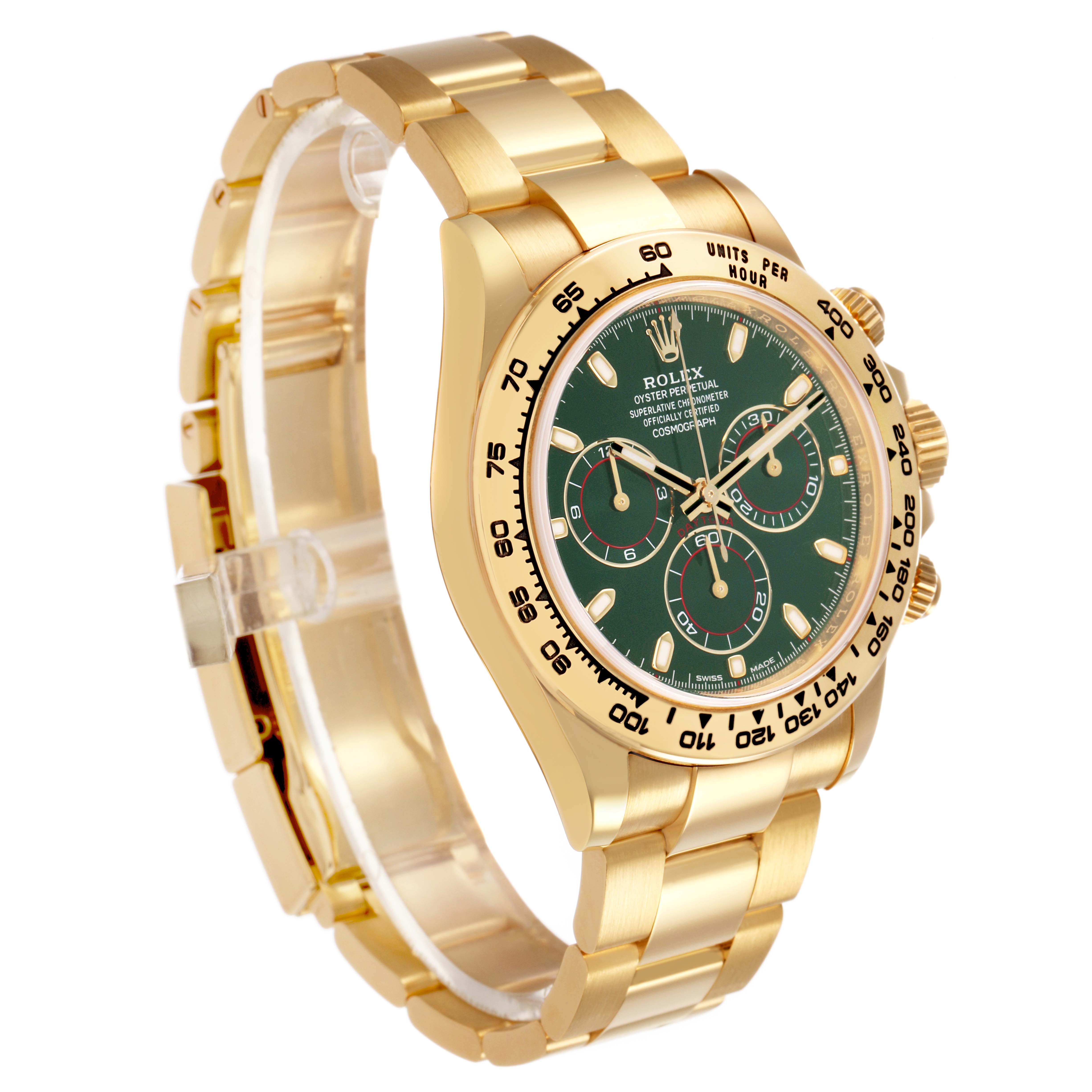 The Rolex Daytona 116508 Mens Yellow Gold Green Dial watch is shown at a three-quarter angle, highlighting the gold bracelet, green dial, and side buttons.
