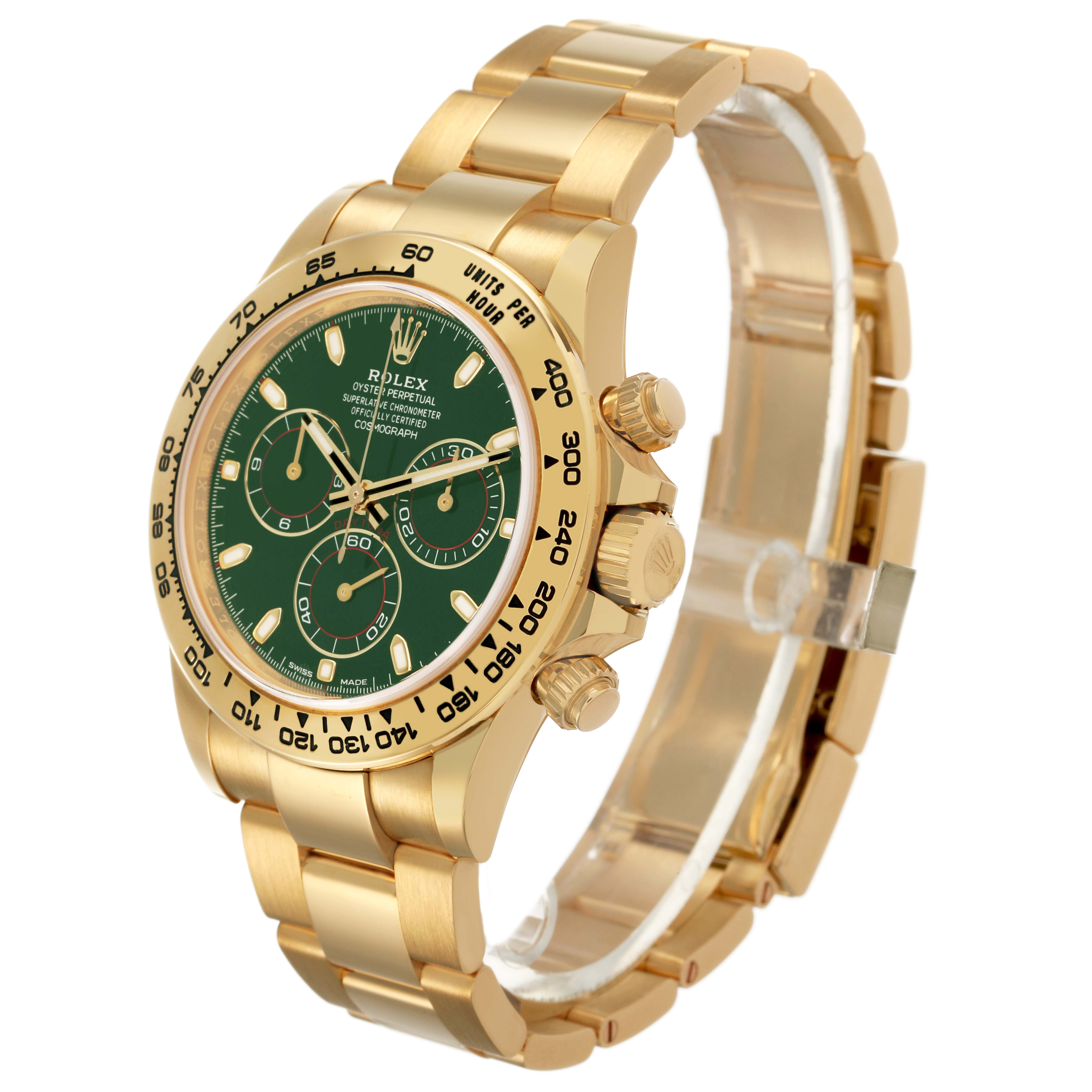 The Rolex Daytona 116508 Mens Yellow Gold Green Dial watch is shown at a three-quarter angle, highlighting its dial, bezel, and bracelet.